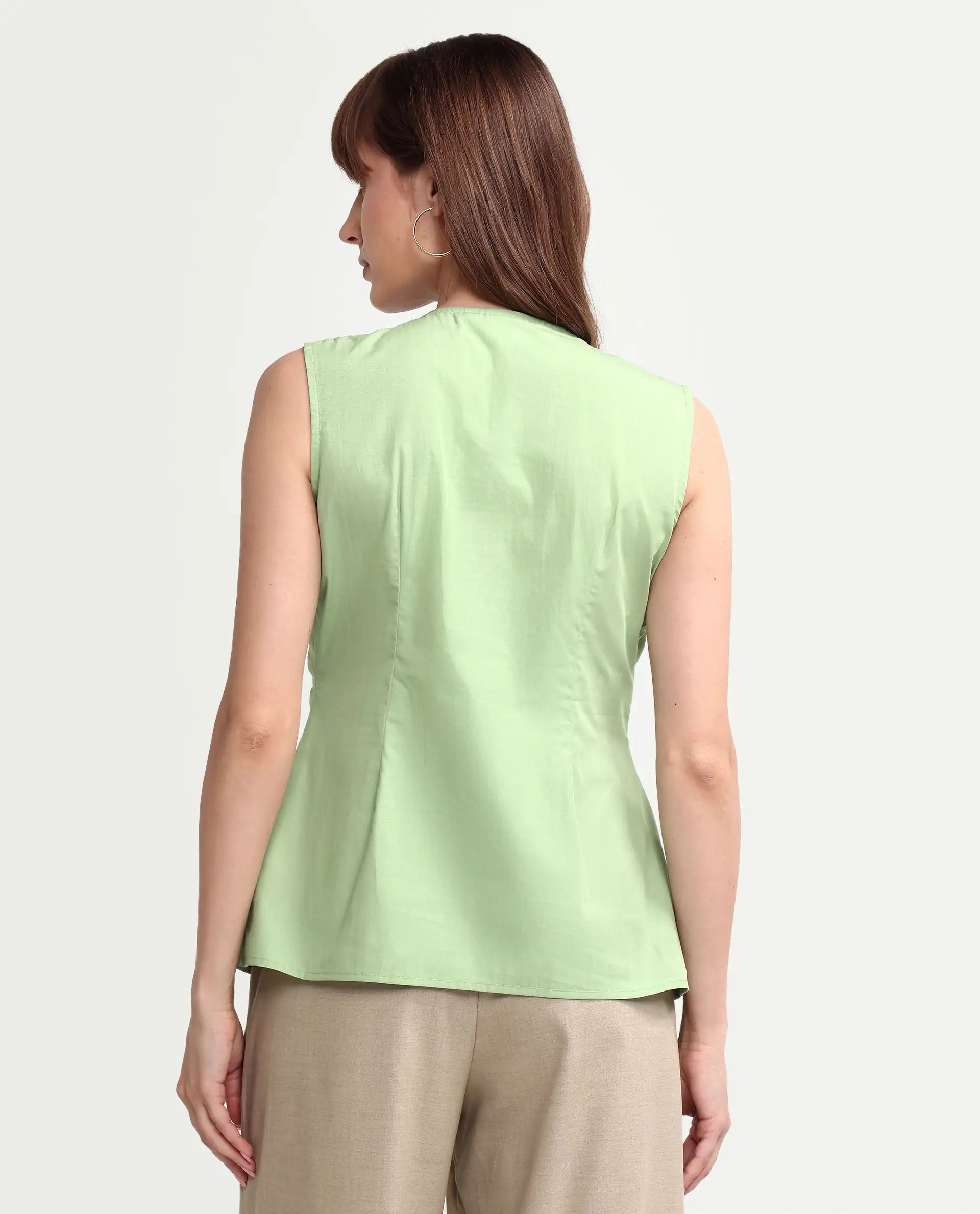 Rareism Women's Houx Light Green Cotton Sleeveless V-Neck Regular Fit Plain Top