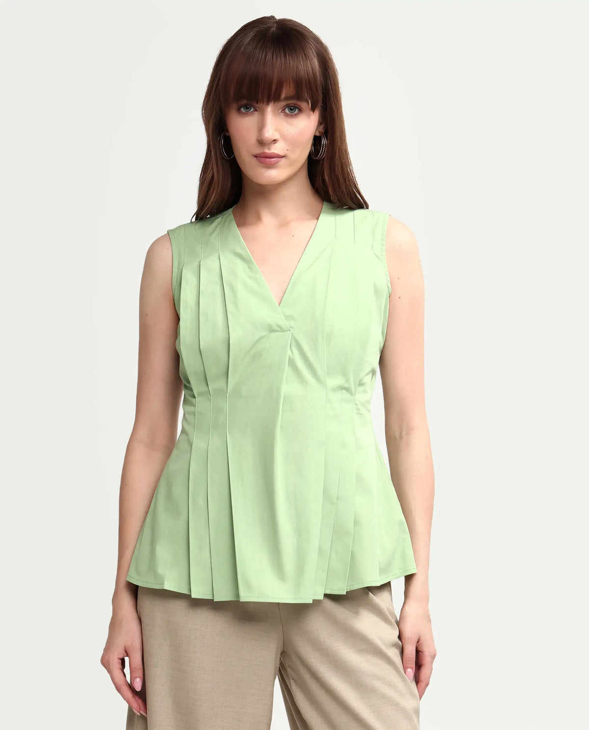 Rareism Women's Houx Light Green Cotton Sleeveless V-Neck Regular Fit Plain Top