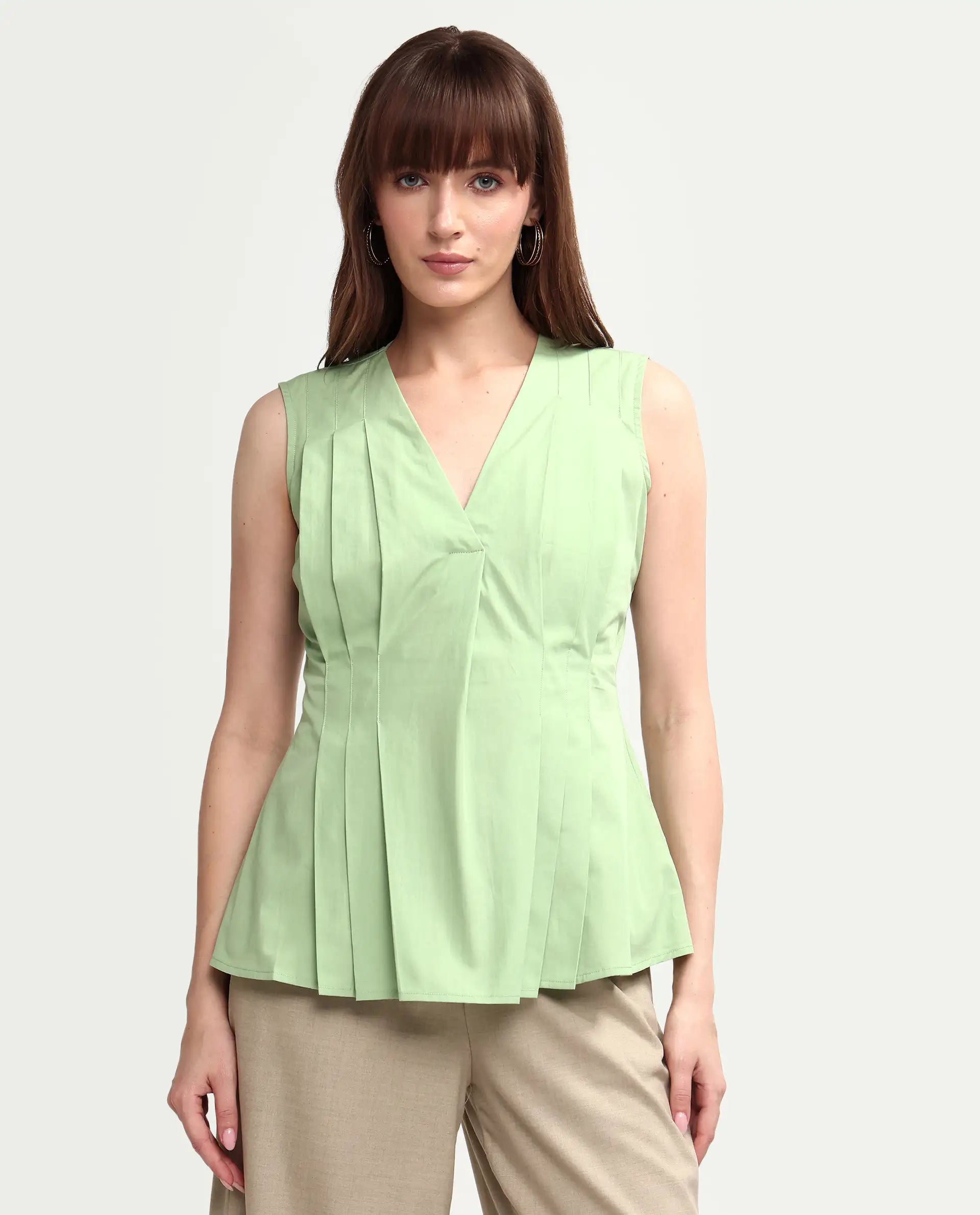 Rareism Women's Houx Light Green Cotton Sleeveless V-Neck Regular Fit Plain Top