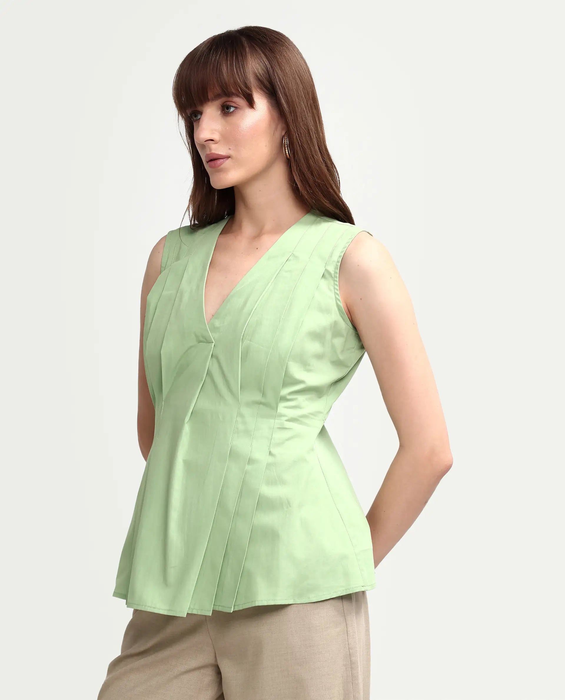 Rareism Women's Houx Light Green Cotton Sleeveless V-Neck Regular Fit Plain Top