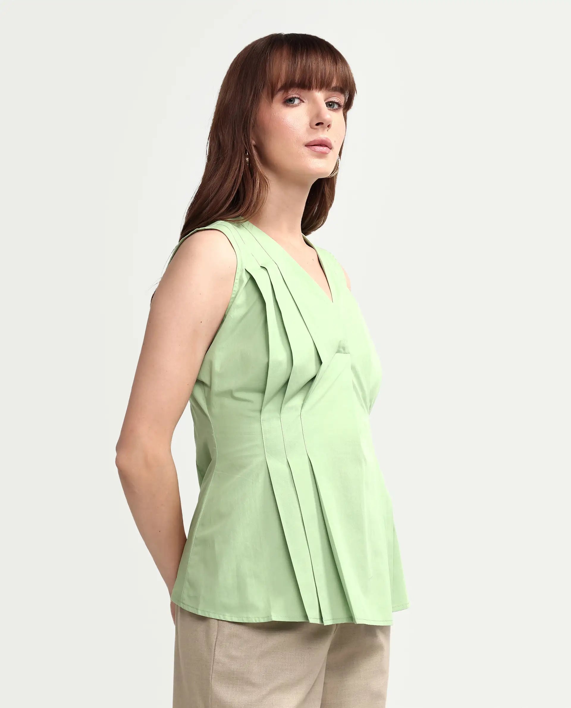 Rareism Women's Houx Light Green Cotton Sleeveless V-Neck Regular Fit Plain Top