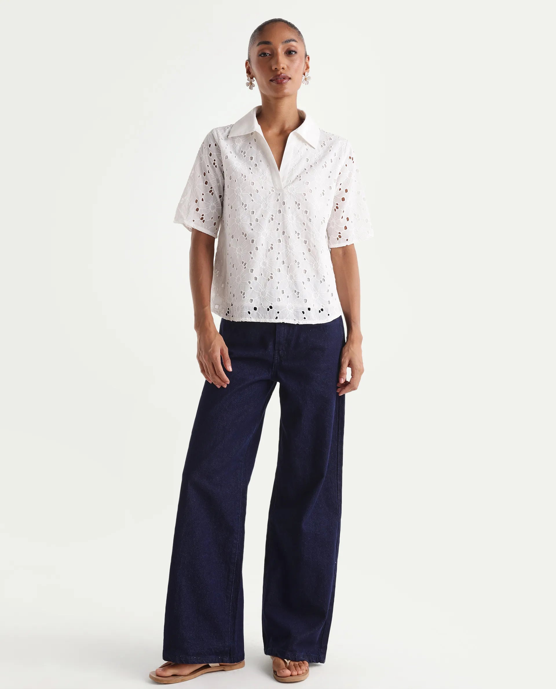 Rareism Women's Ribar Navy Cotton Wide Leg Plain Jeans