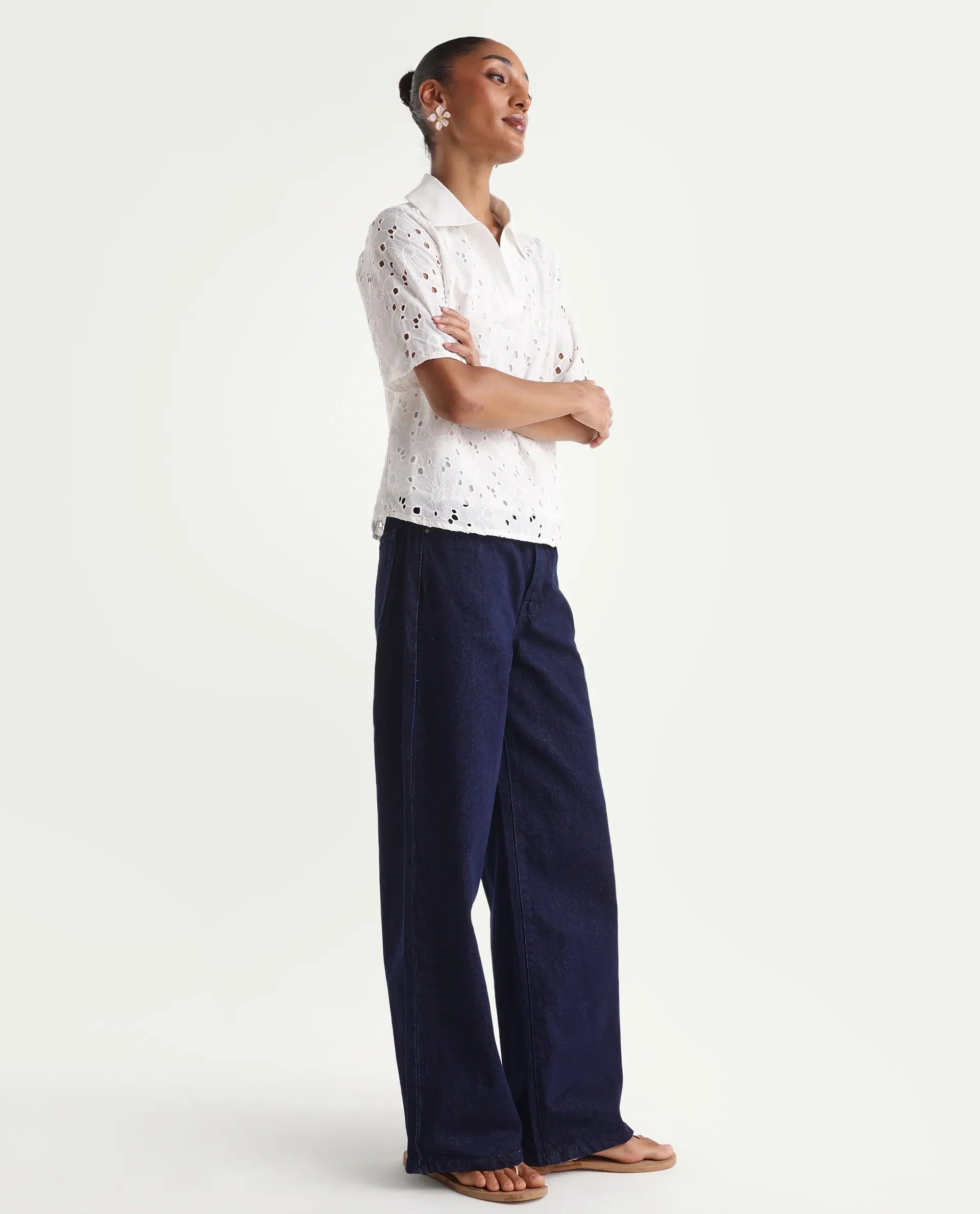 Rareism Women's Ribar Navy Cotton Wide Leg Plain Jeans