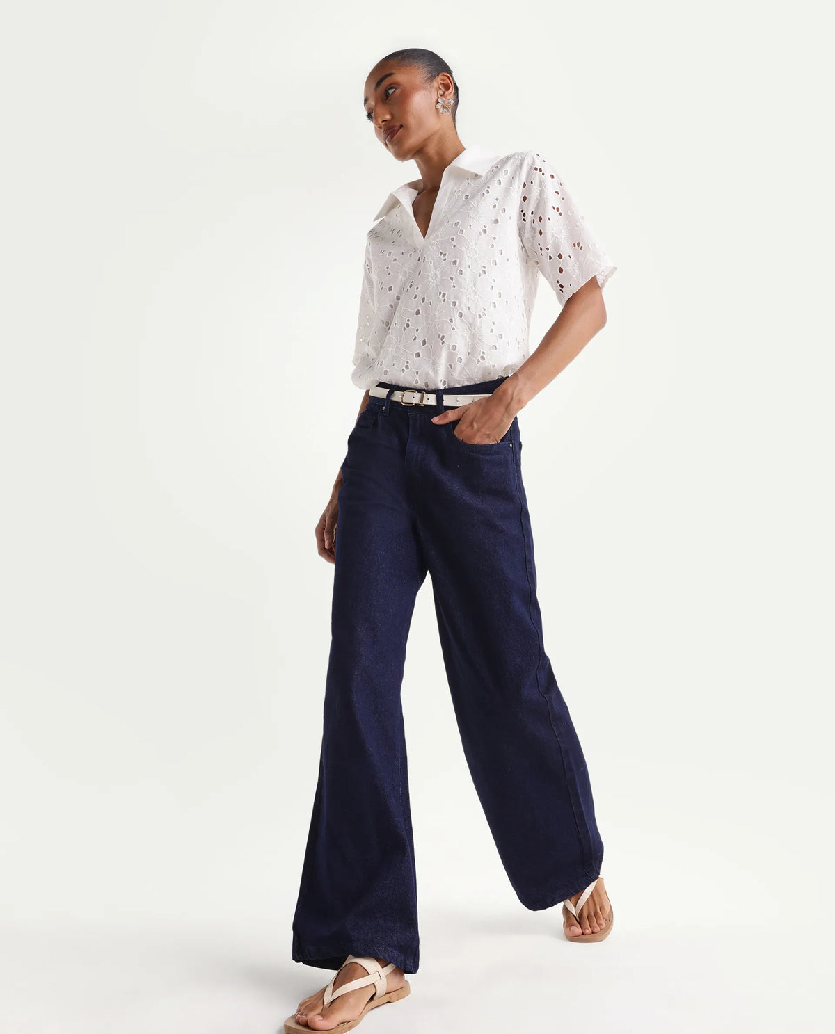 Rareism Women's Ribar Navy Cotton Wide Leg Plain Jeans