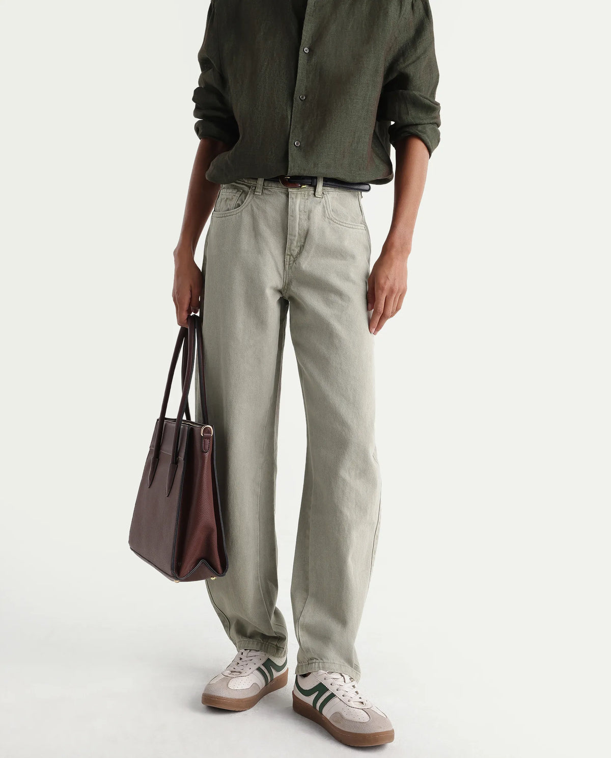 Rareism Women's Talbo Olive Cotton Plain Tall Barrel Fit Jeans