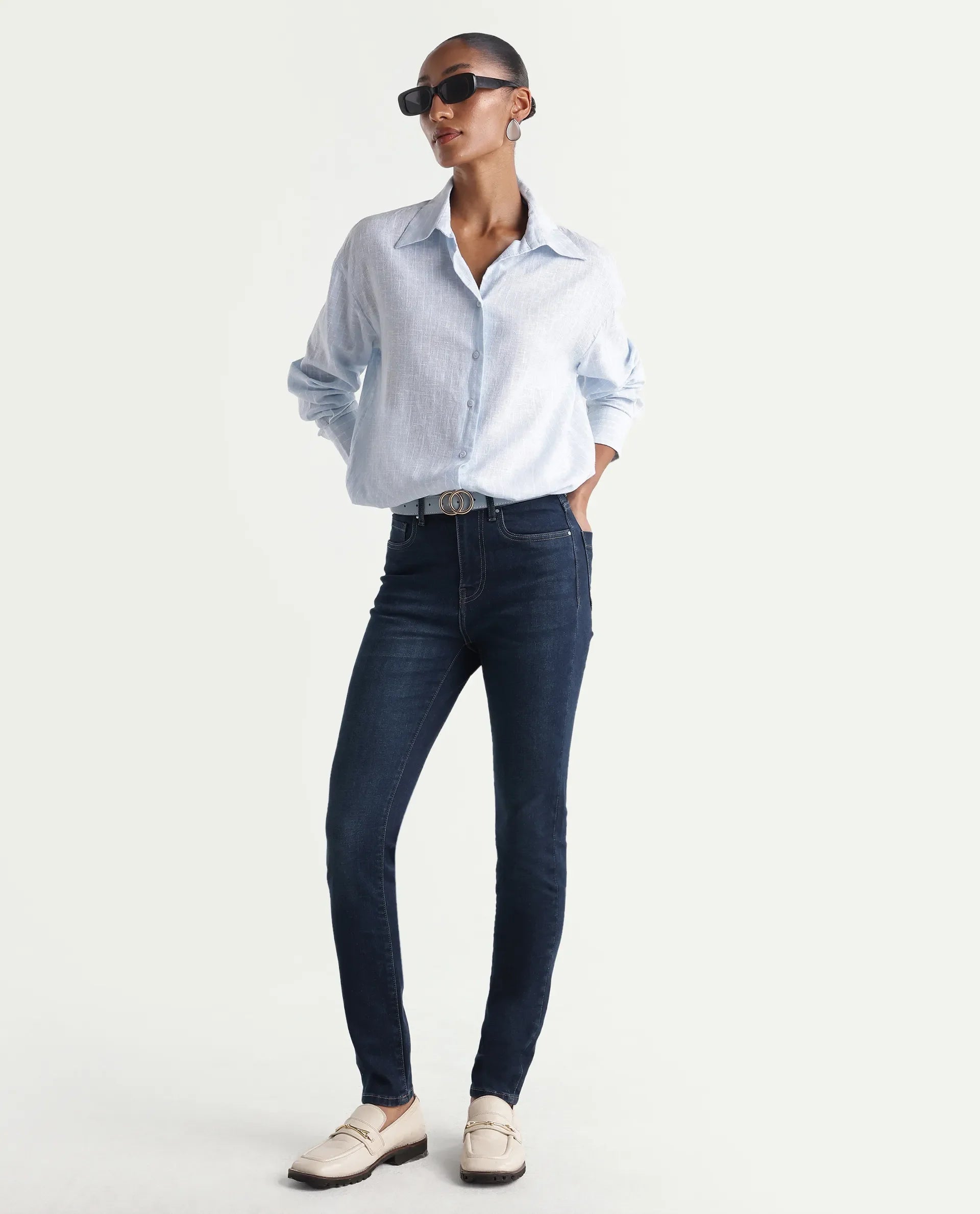 Rareism Women's Skenyom Blue Cotton Blend Skinny Fit Plain Jeans