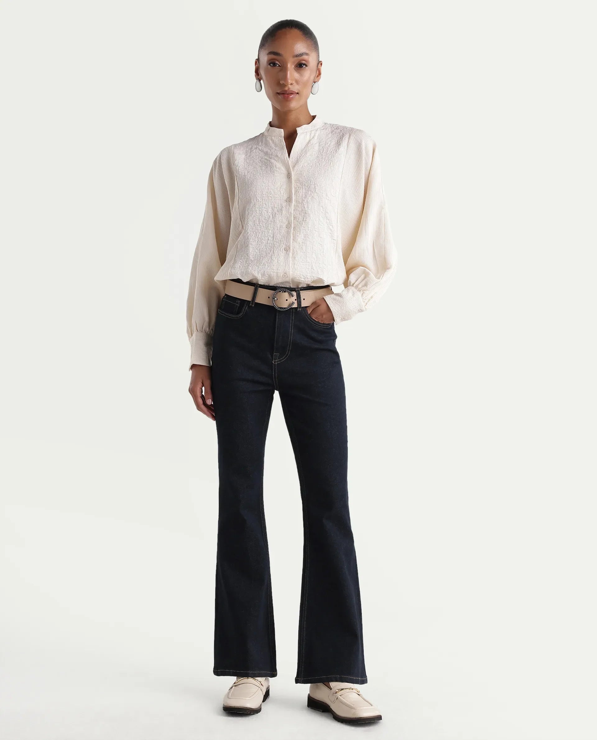 Rareism Women's Benon Dark Navy Cotton Blend Bootcut Plain Jeans