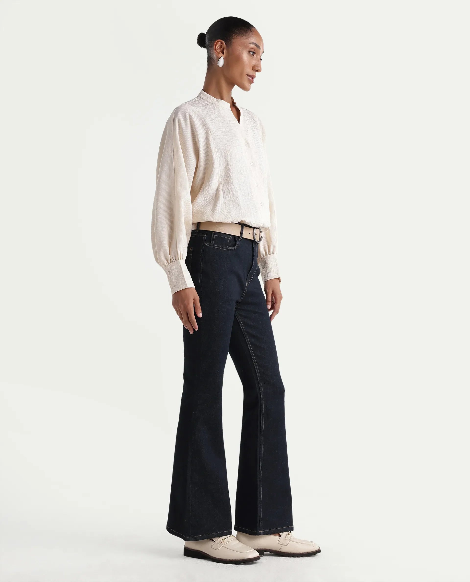 Rareism Women's Benon Dark Navy Cotton Blend Bootcut Plain Jeans