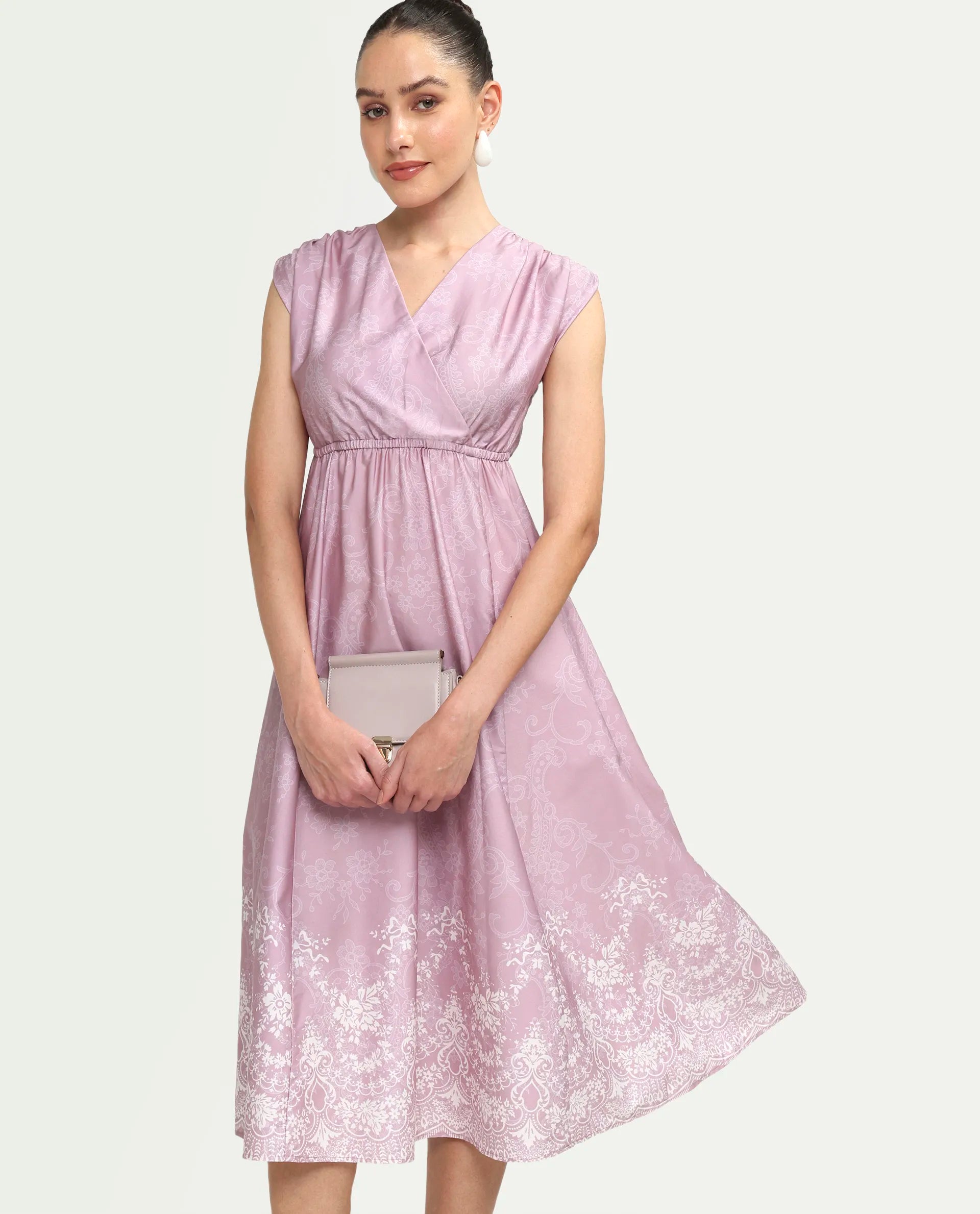 Rareism Women's Hync Pink Cotton Half Sleeve V-Neck Elastic Fit And Flare Ornamental Print Dress