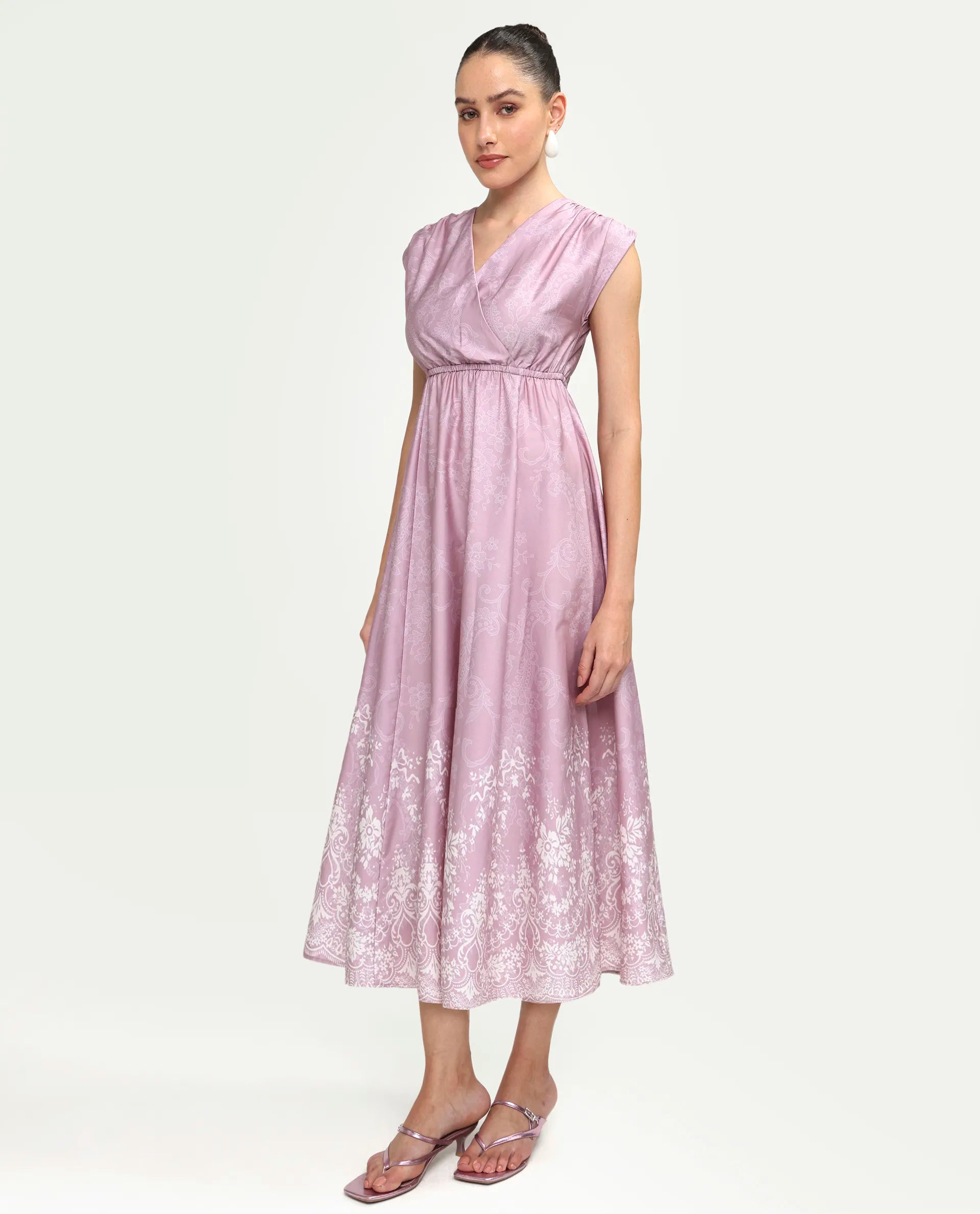 Rareism Women's Hync Pink Cotton Half Sleeve V-Neck Elastic Fit And Flare Ornamental Print Dress