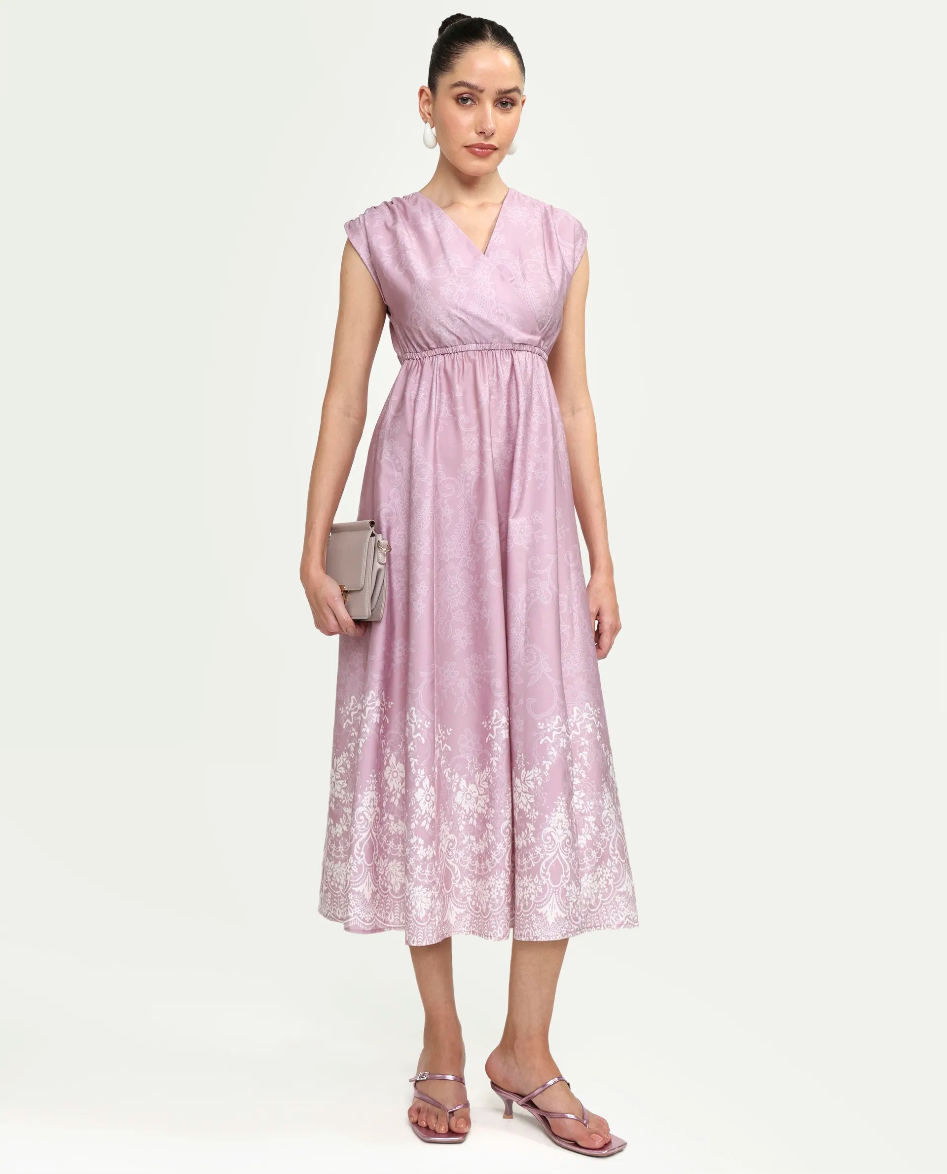 Rareism Women's Hync Pink Cotton Half Sleeve V-Neck Elastic Fit And Flare Ornamental Print Dress