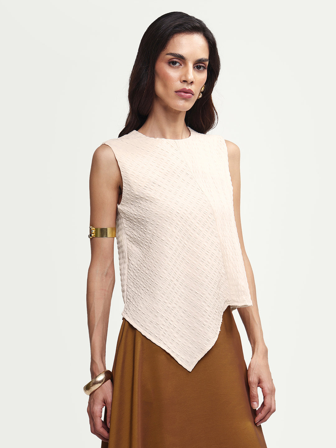 Rareism Women's Roulo-R Beige Polyester Sleeveless Crew Neck Button Relaxed Plain Top