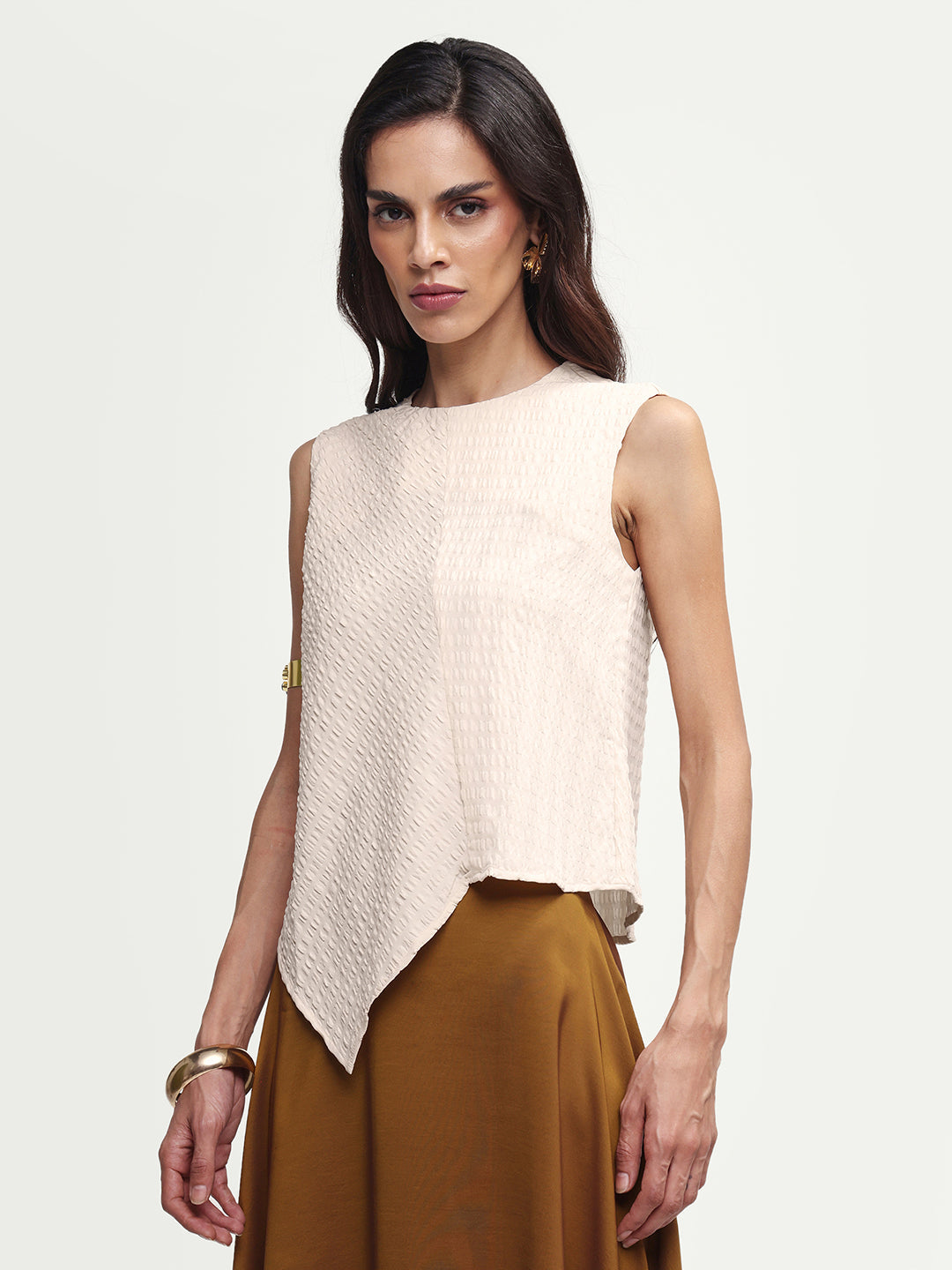 Rareism Women's Roulo-R Beige Polyester Sleeveless Crew Neck Button Relaxed Plain Top