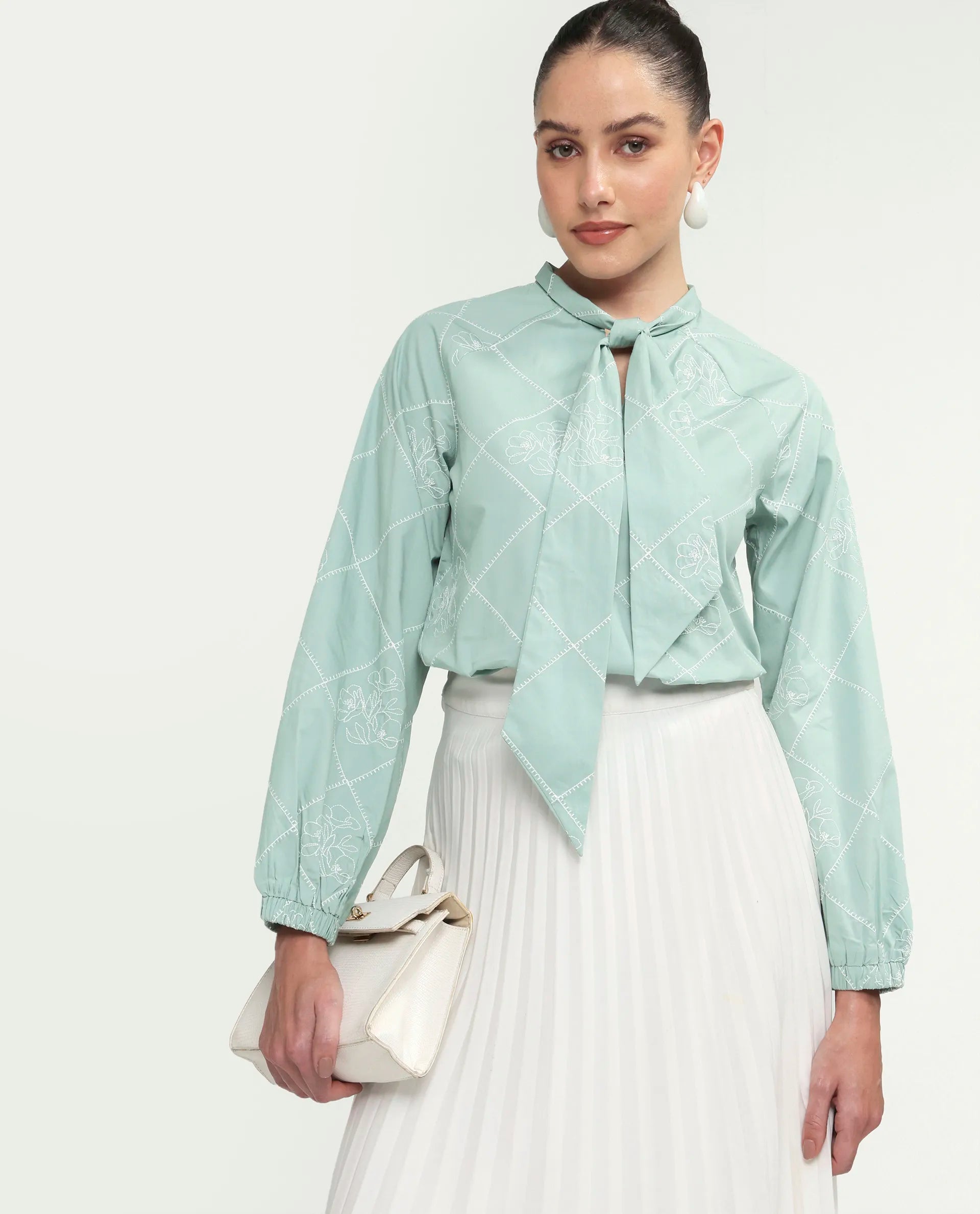 Rareism Women's Haxo Dusky Green Cotton Full Sleeve Tie-Up Relaxed Plain Top