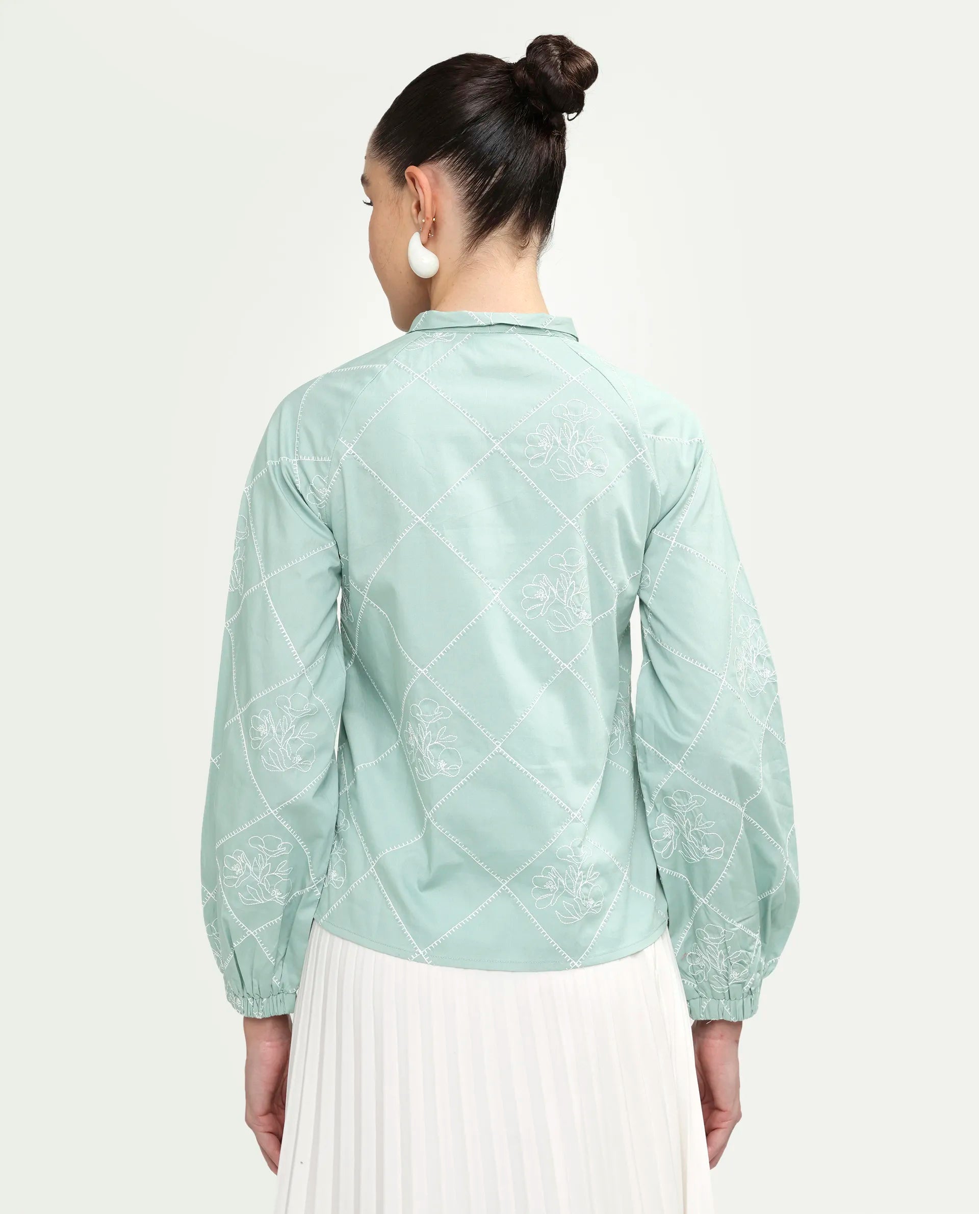 Rareism Women's Haxo Dusky Green Cotton Full Sleeve Tie-Up Relaxed Plain Top