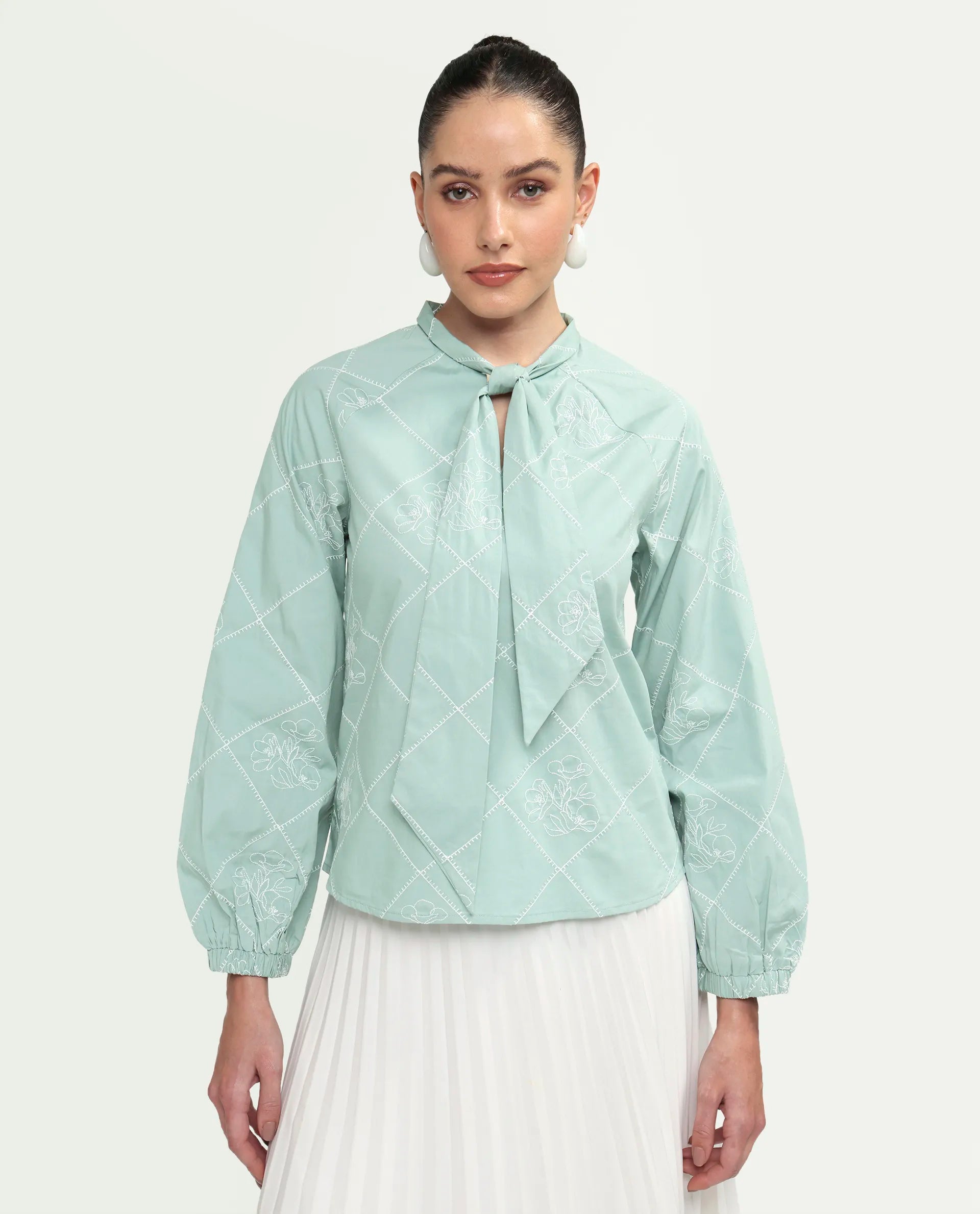 Rareism Women's Haxo Dusky Green Cotton Full Sleeve Tie-Up Relaxed Plain Top