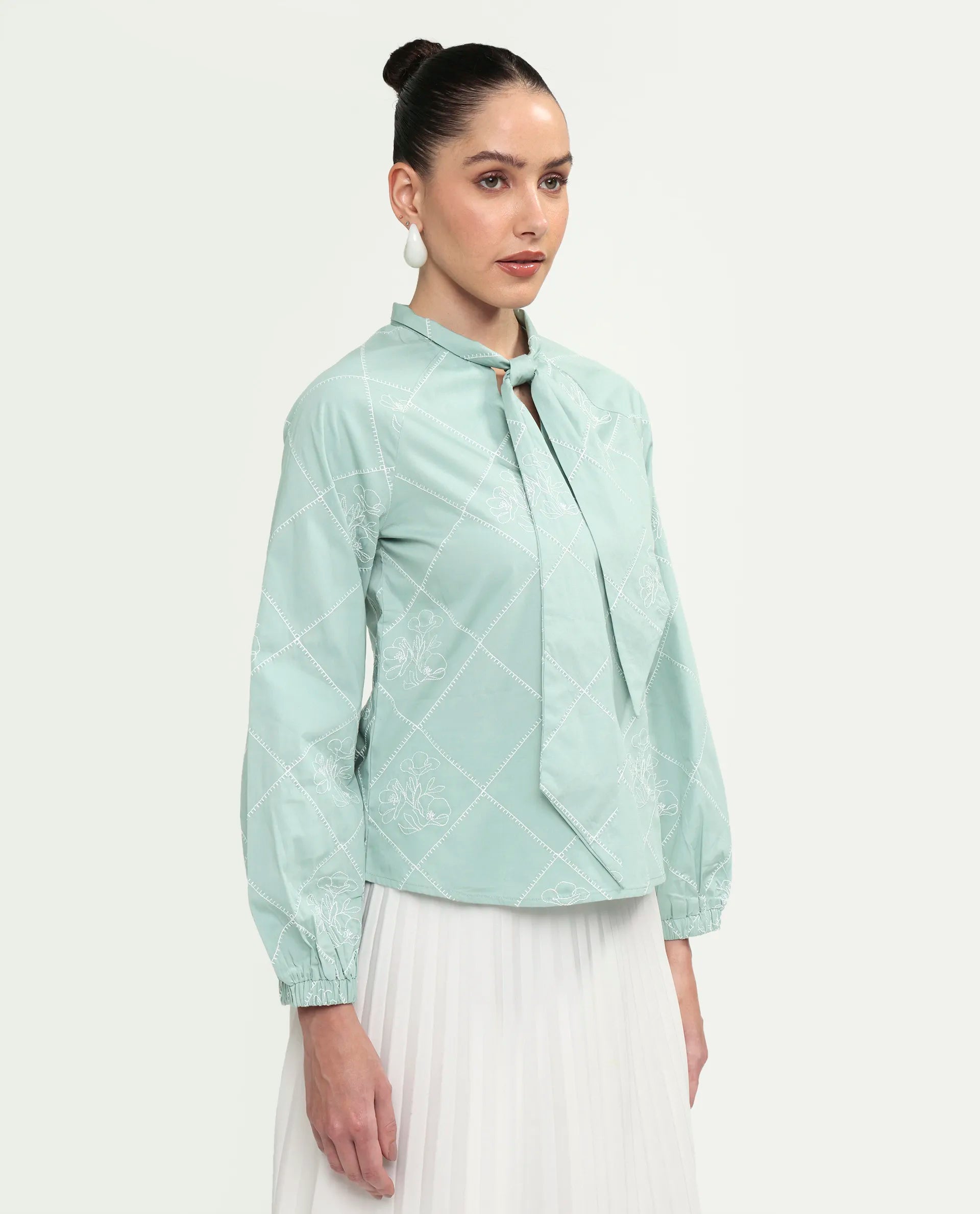 Rareism Women's Haxo Dusky Green Cotton Full Sleeve Tie-Up Relaxed Plain Top