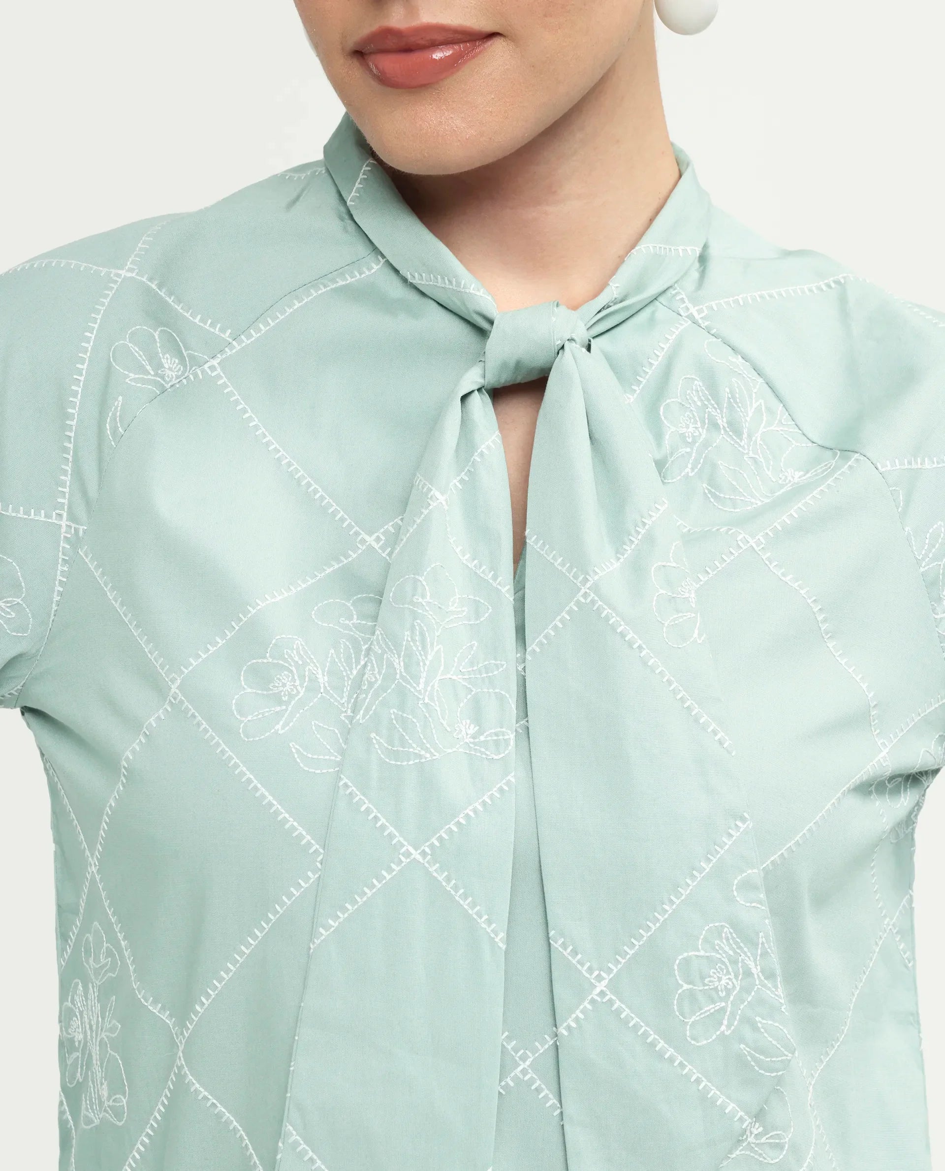 Rareism Women's Haxo Dusky Green Cotton Full Sleeve Tie-Up Relaxed Plain Top