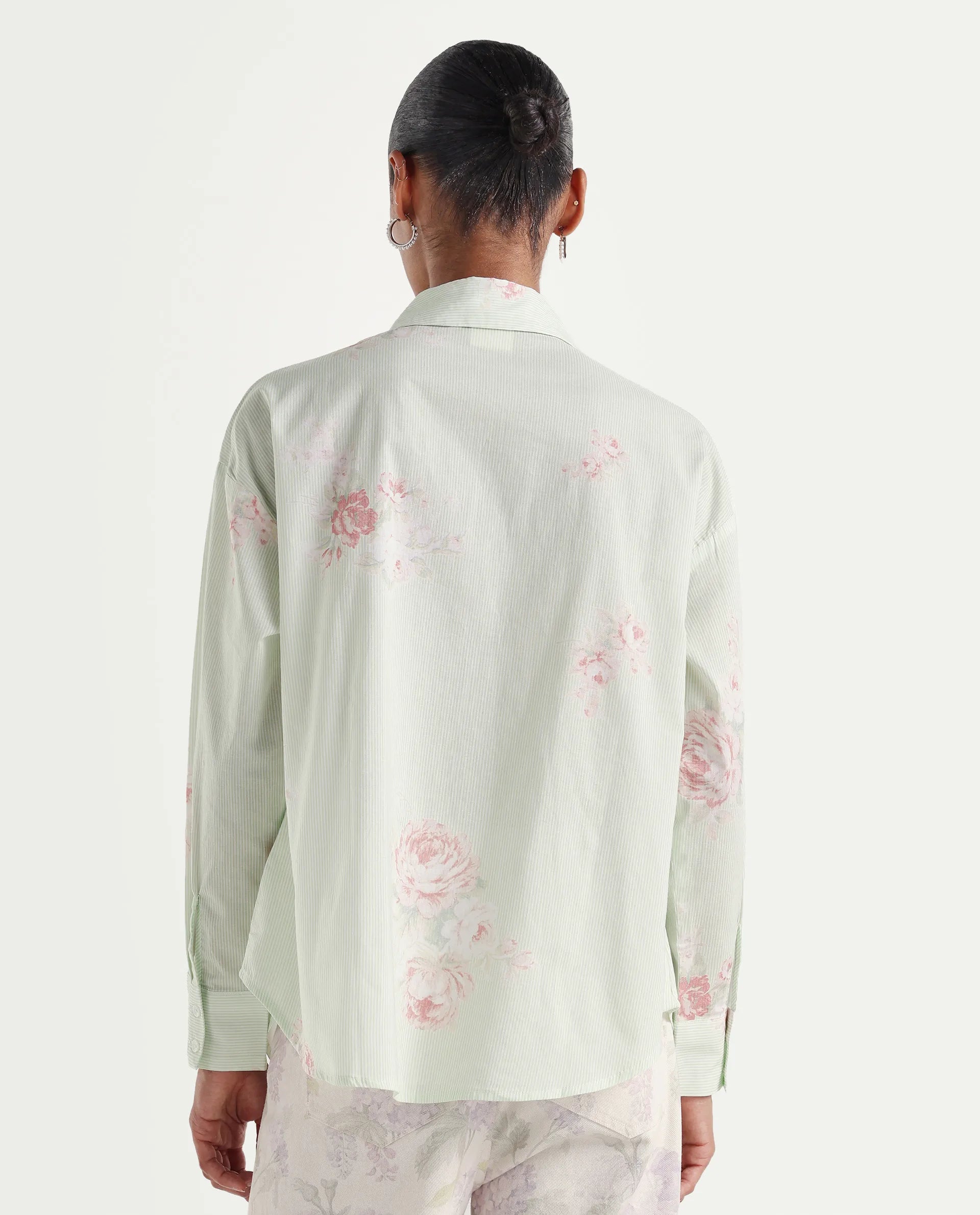 Rareism Women's Horu Light Green Cotton Full Sleeve Spread Collar Button Oversized Floral Print Shirt Oversize