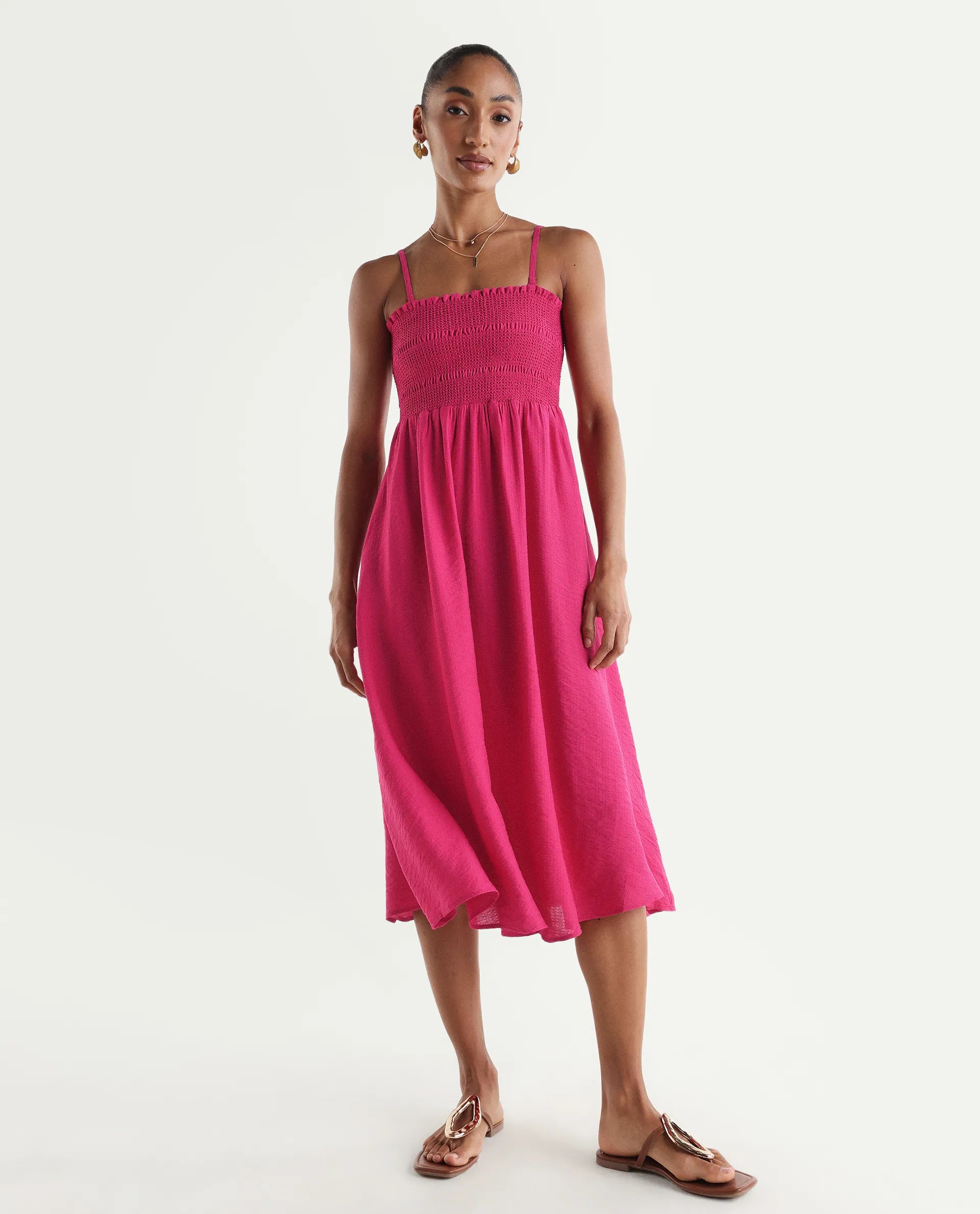 Rareism Women's Addzozo Pink Viscose Blend Sleeveless Tube Neck Elastic Fit And Flare Plain Dress