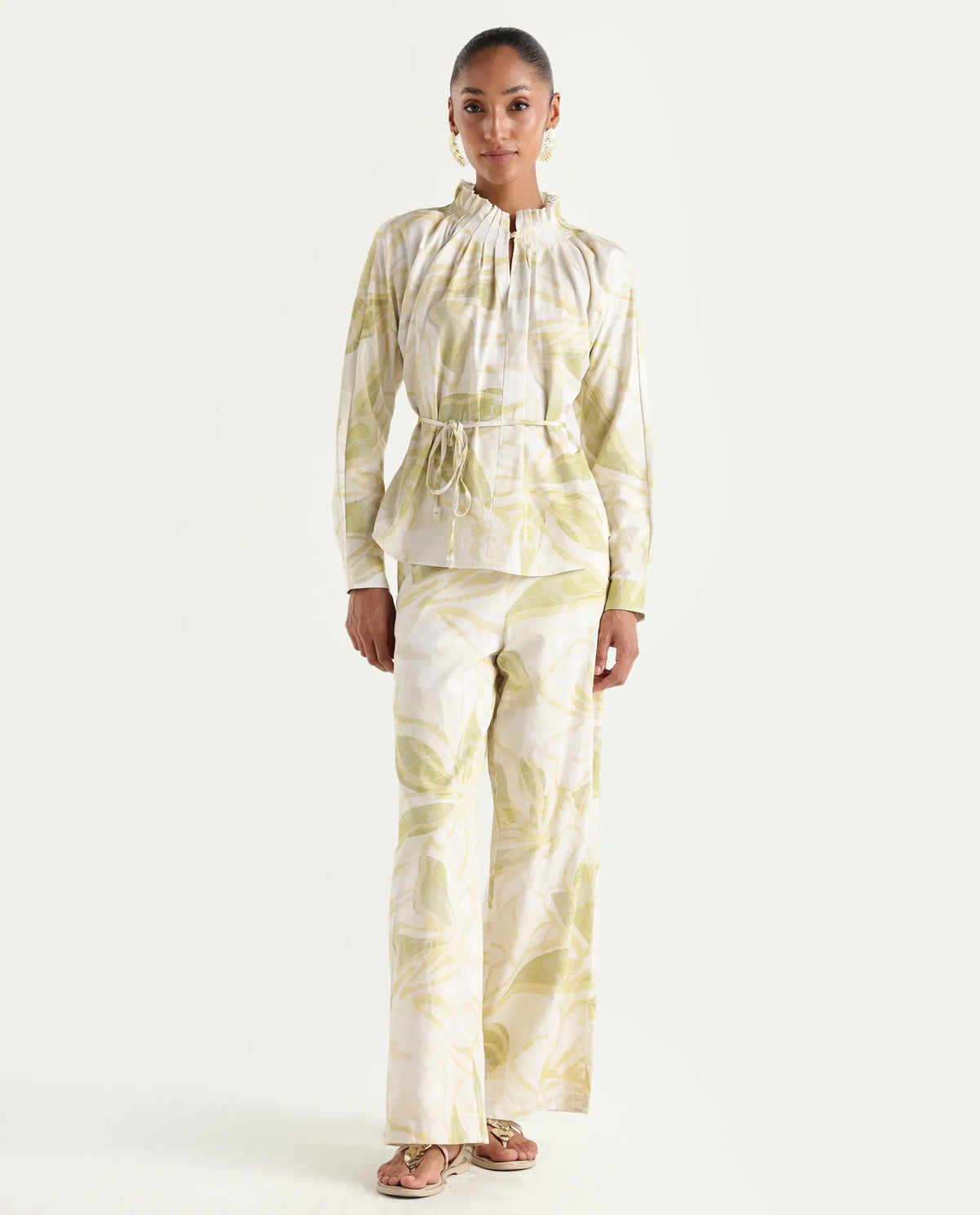 Rareism Women's Hyce-B Light Green Cotton Satin Wide Leg Abstract Print Trouser