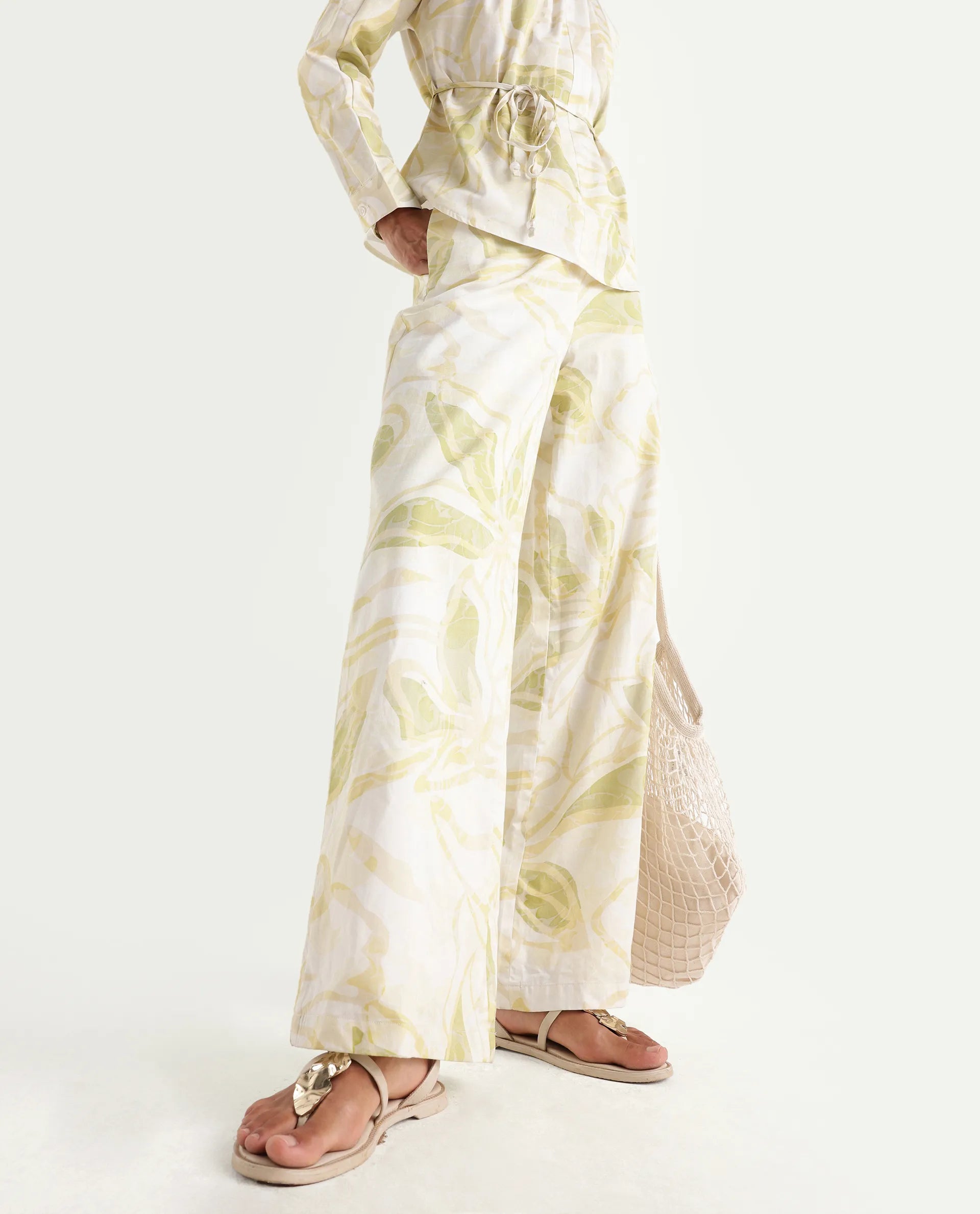 Rareism Women's Hyce-B Light Green Cotton Wide Leg Abstract Print Trouser