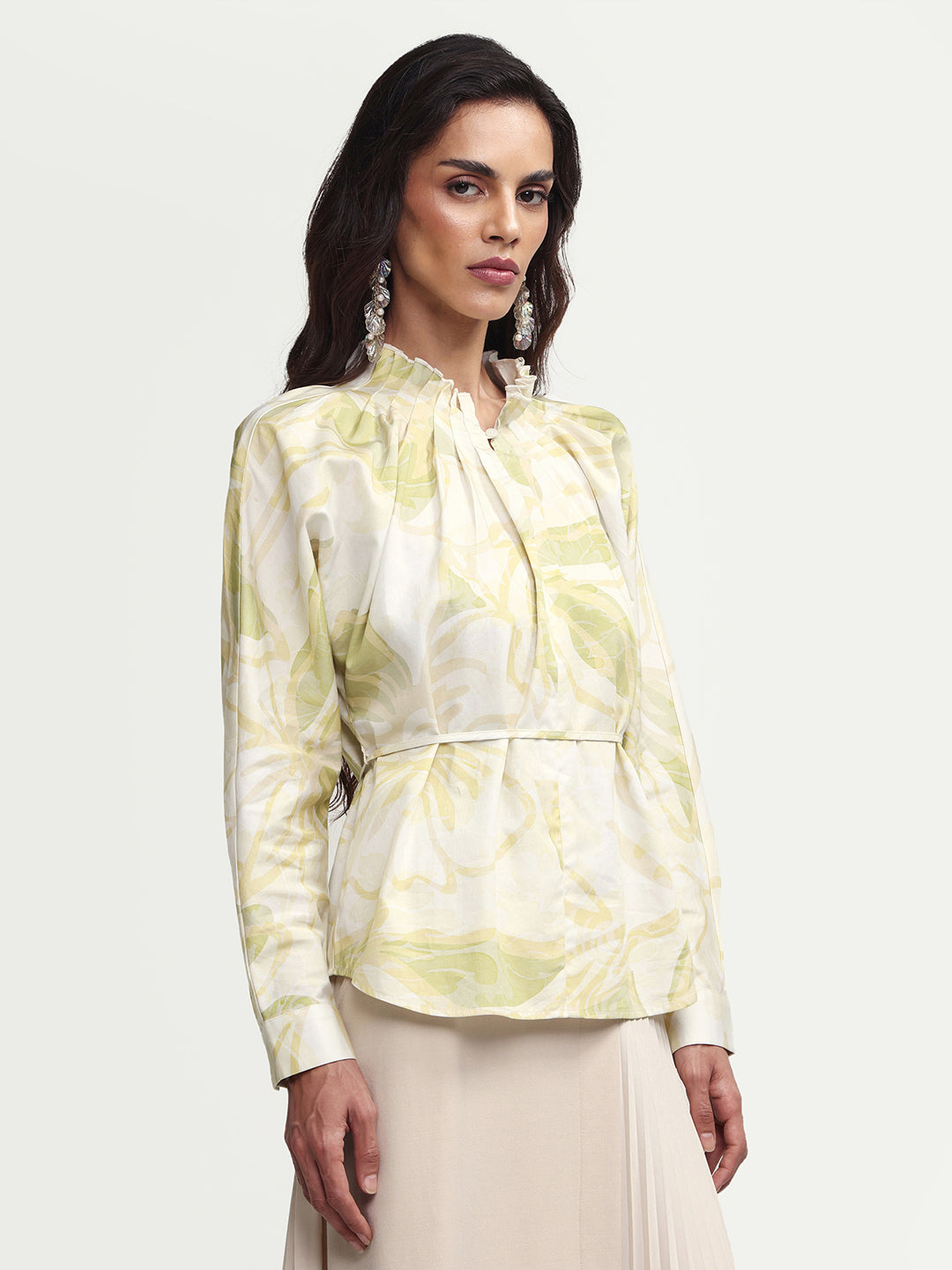 Rareism Women's Hyce-T Light Green Cotton Full Sleeve Pleated Neck Relaxed Fit Abstract Print Top