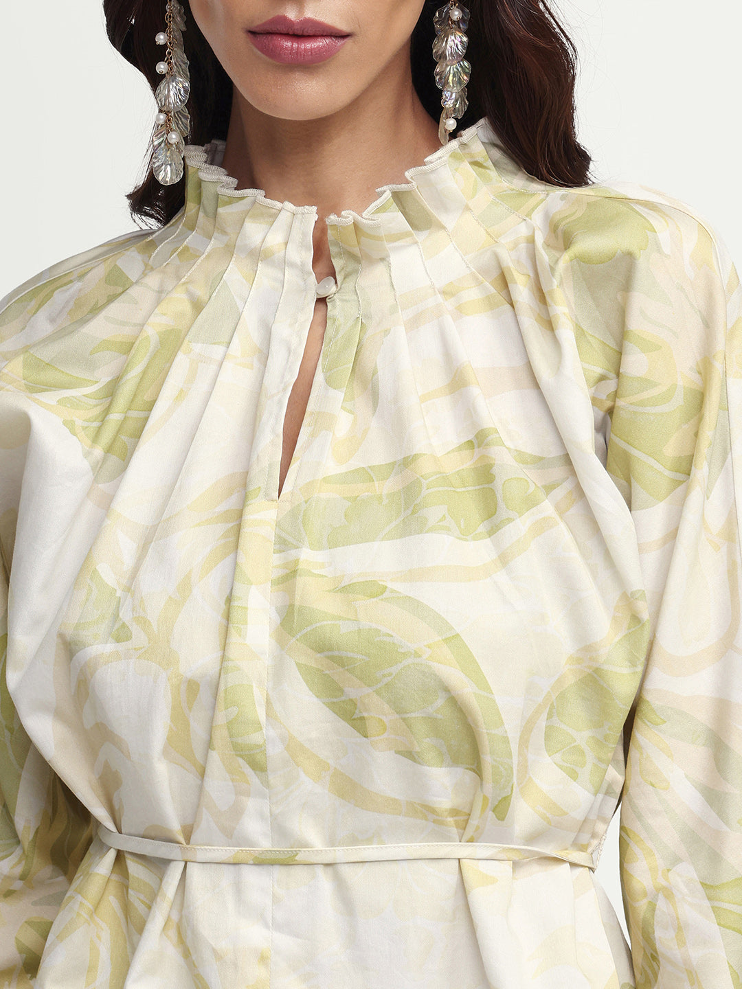 Rareism Women's Hyce-T Light Green Cotton Full Sleeve Pleated Neck Relaxed Fit Abstract Print Top