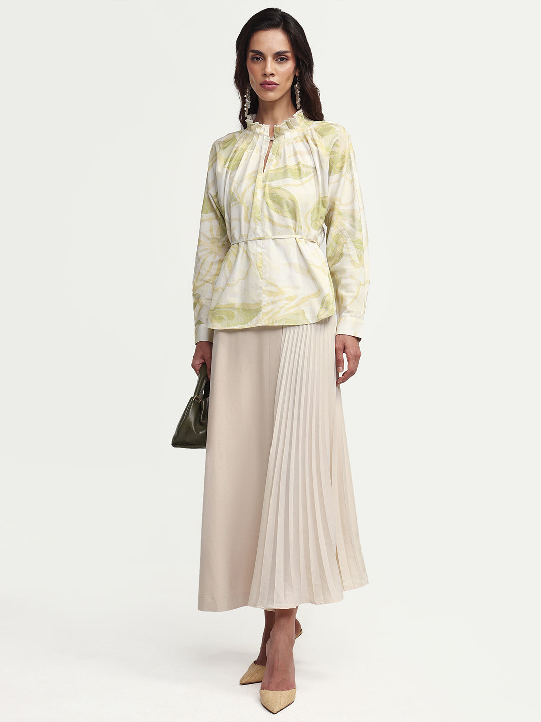 Rareism Women's Hyce-T Light Green Cotton Full Sleeve Pleated Neck Relaxed Fit Abstract Print Top