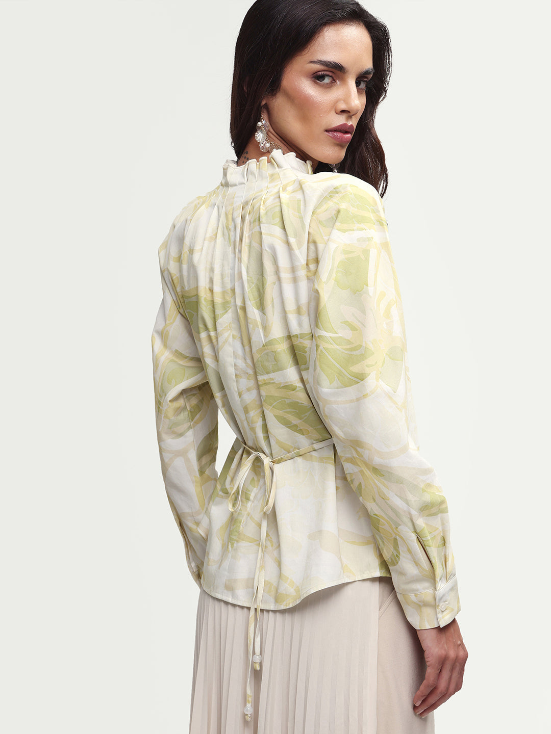 Rareism Women's Hyce-T Light Green Cotton Full Sleeve Pleated Neck Relaxed Fit Abstract Print Top