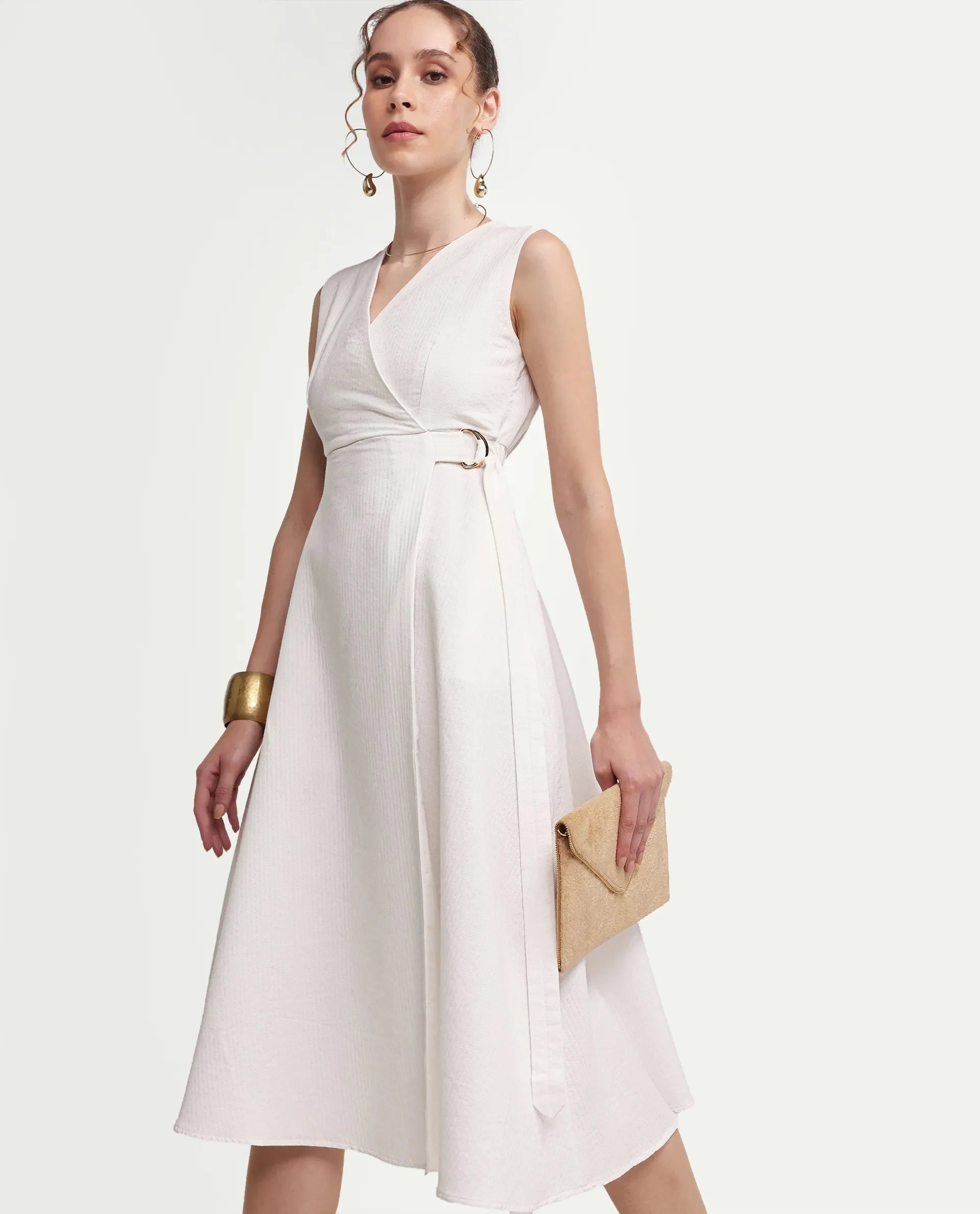 Rareism Women's Rulet Primary Beige Cotton Sleeveless V-Neck A-Line Plain Dress