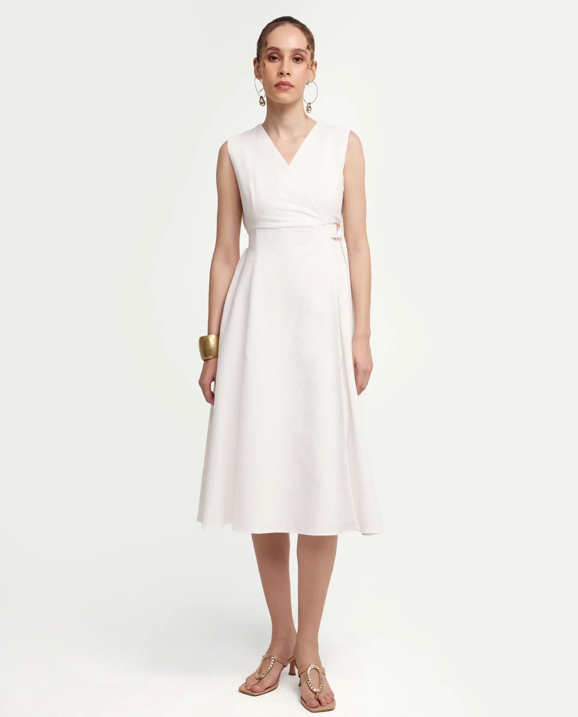 Rareism Women's Rulet Primary Beige Cotton Sleeveless V-Neck A-Line Plain Dress