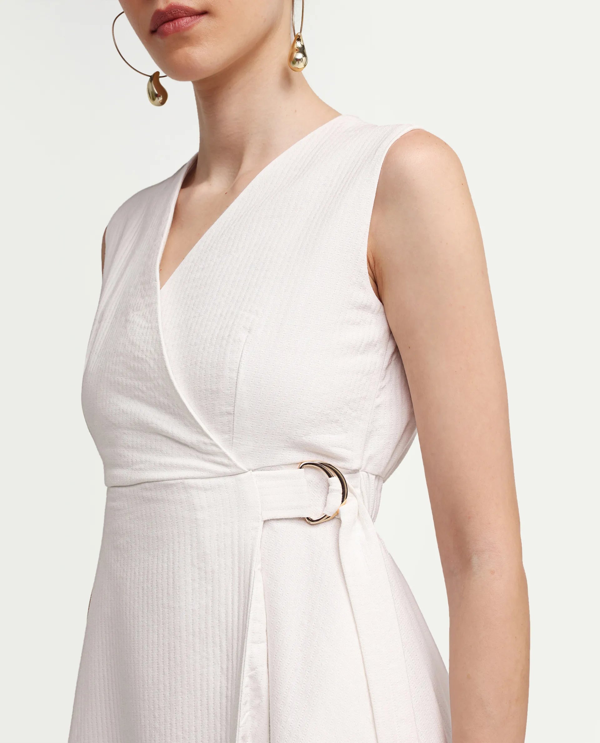 Rareism Women's Rulet Primary Beige Cotton Sleeveless V-Neck A-Line Plain Dress