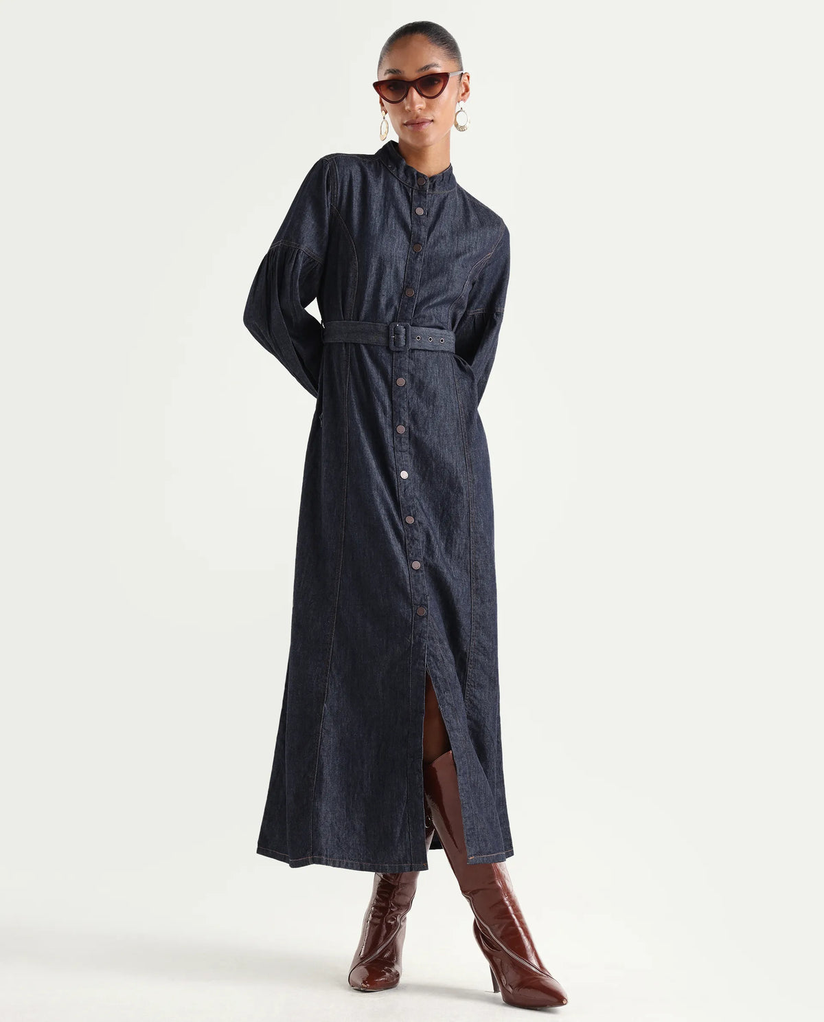 Rareism Women's Denzia Dark Blue Cotton Full Sleeve Spread Collar Regular Fit Plain Dress