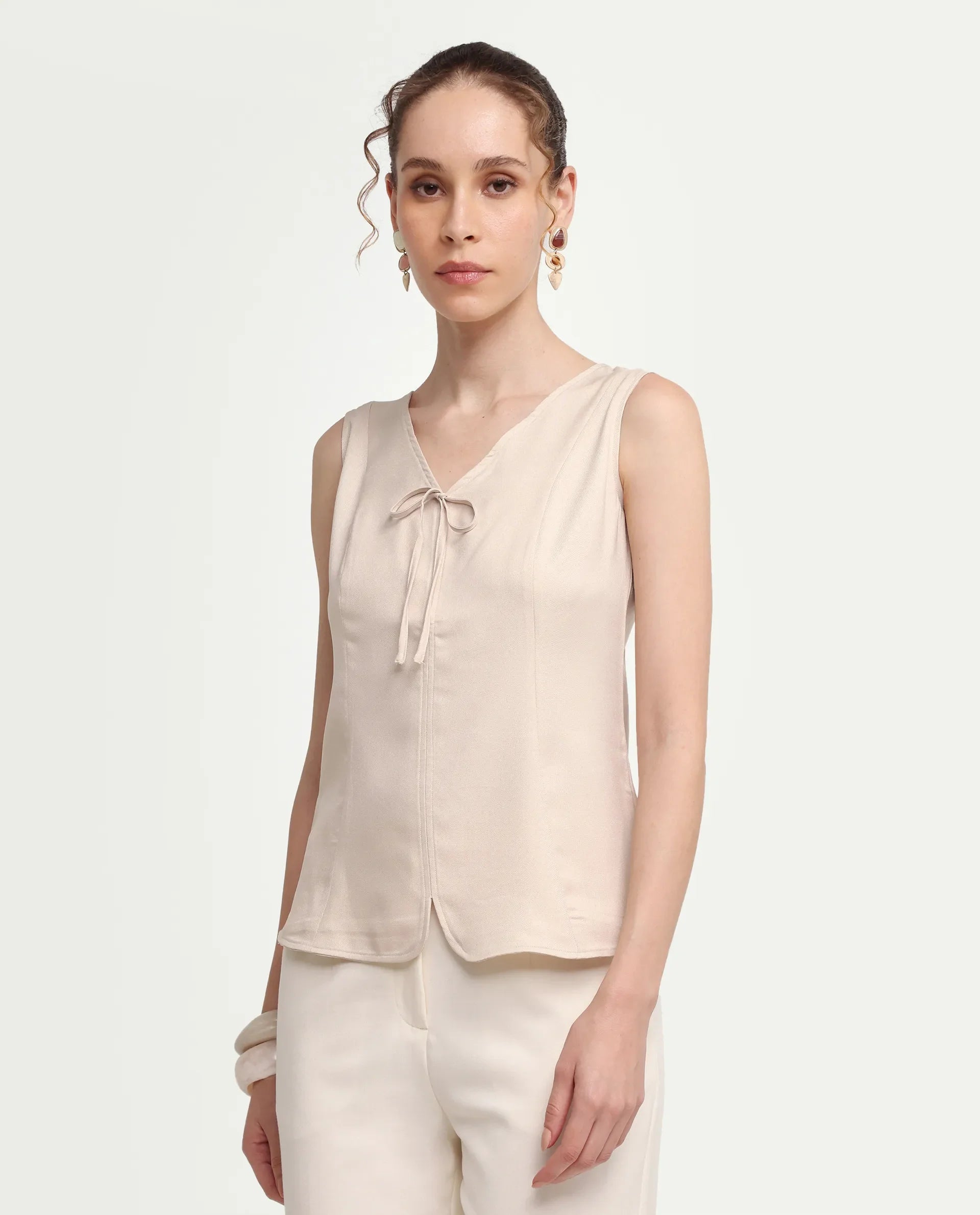 Rareism Women's Valton Primary Beige Polyester Sleeveless V-Neck Regular Fit Top