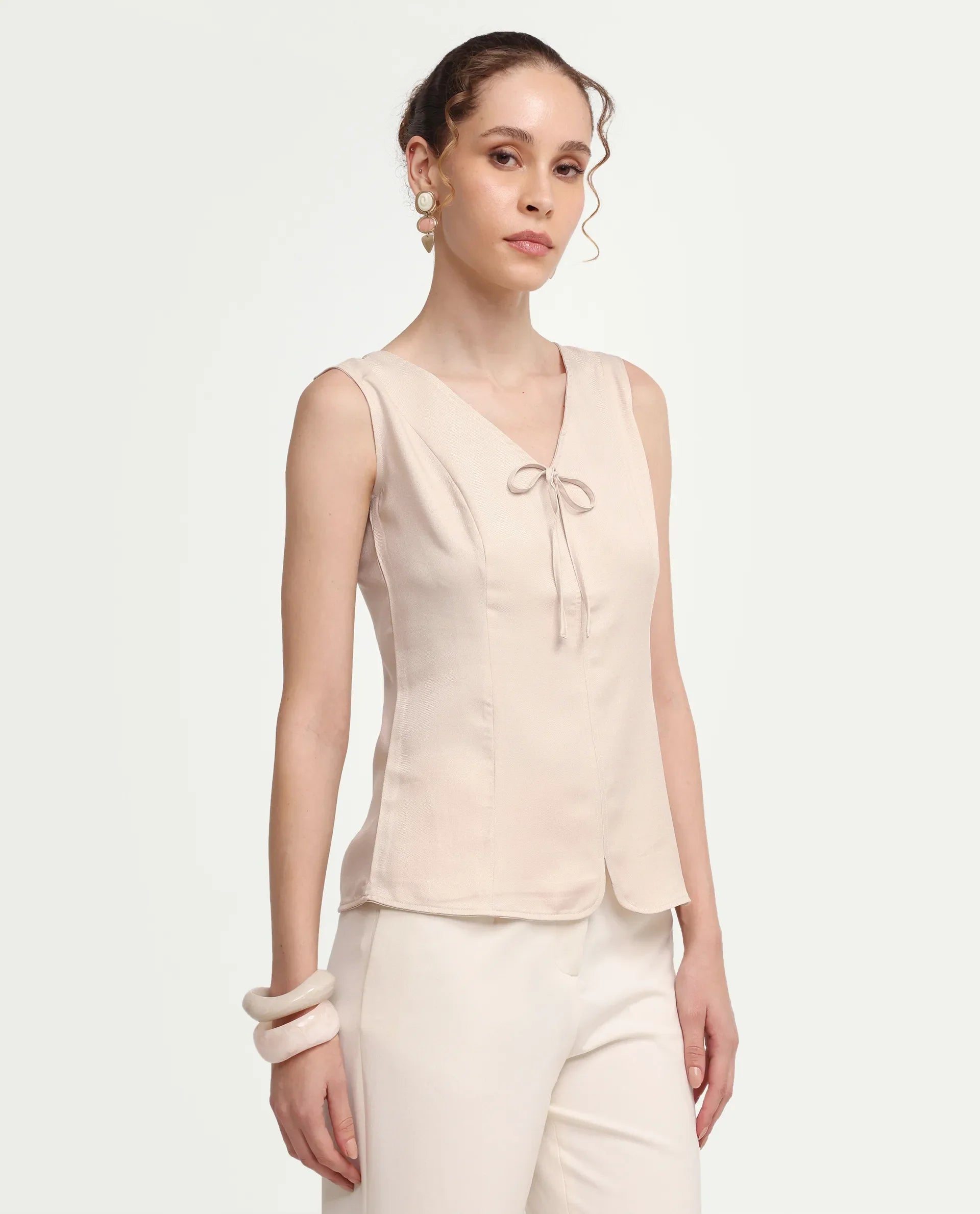 Rareism Women's Valton Primary Beige Polyester Sleeveless V-Neck Regular Fit Top