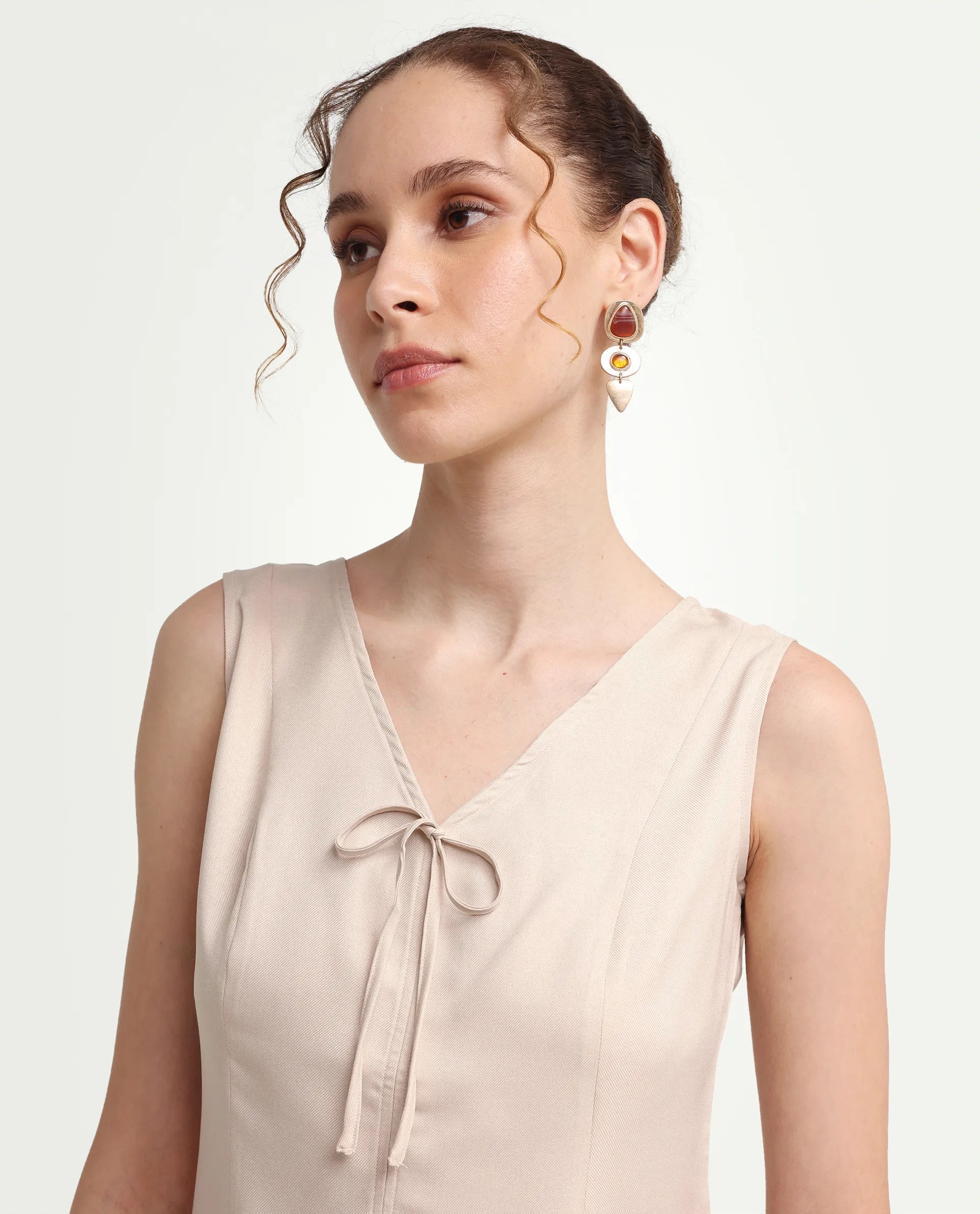 Rareism Women's Valton Primary Beige Polyester Sleeveless V-Neck Regular Fit Top