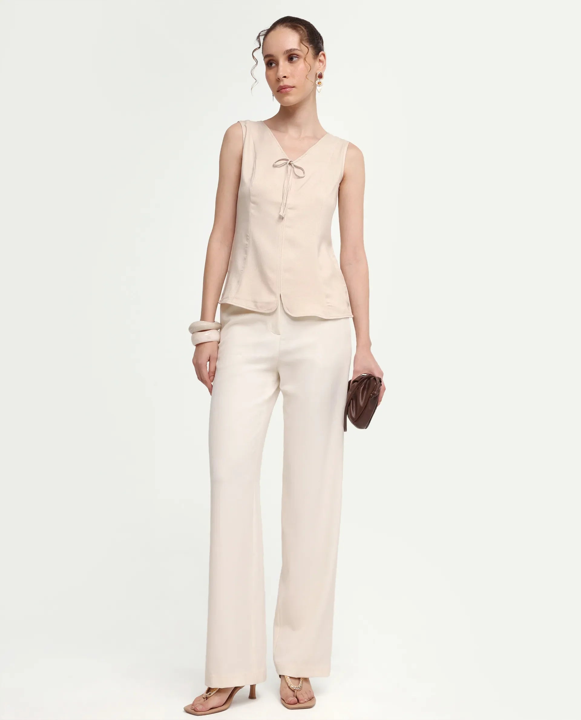 Rareism Women's Valton Primary Beige Polyester Sleeveless V-Neck Regular Fit Top