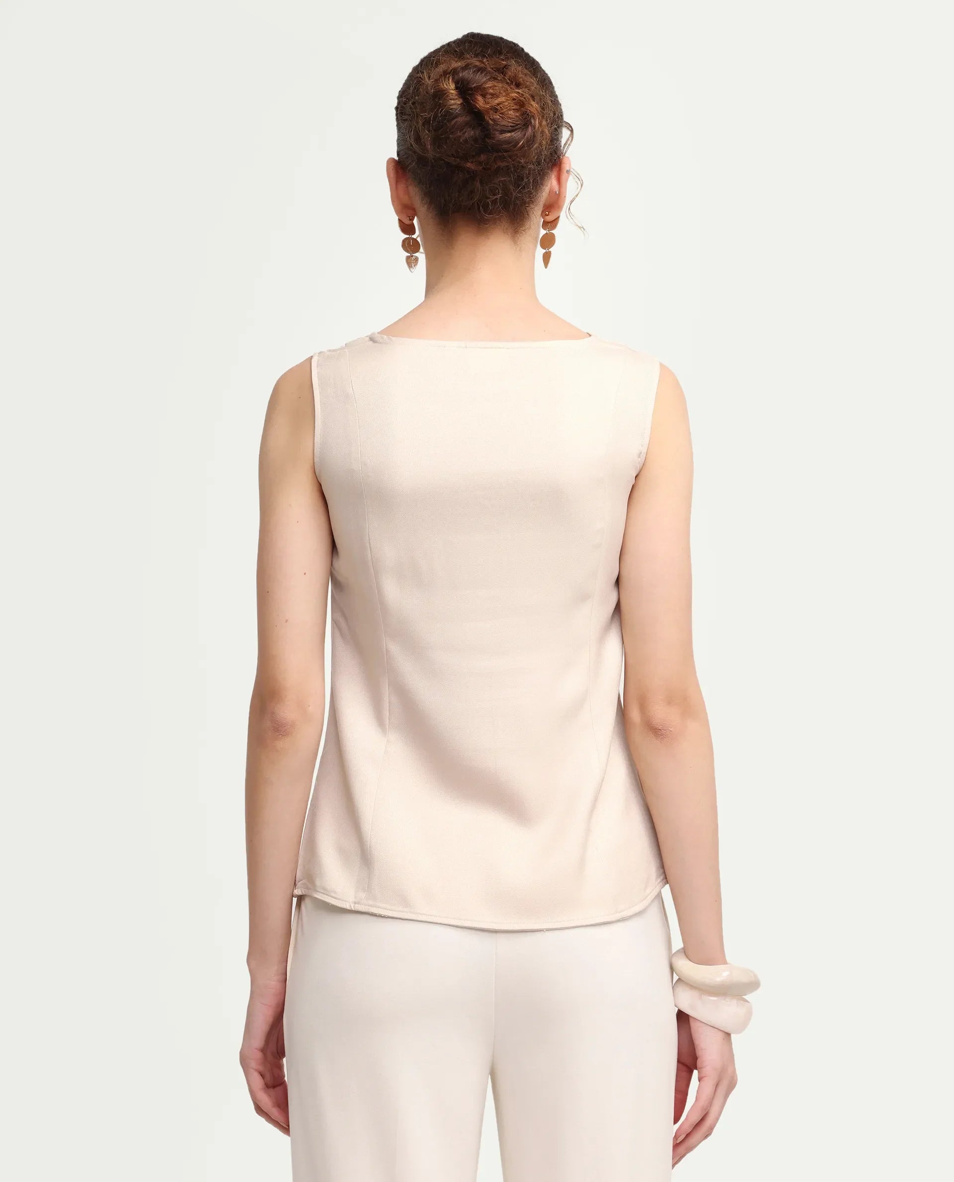 Rareism Women's Valton Primary Beige Polyester Sleeveless V-Neck Regular Fit Top