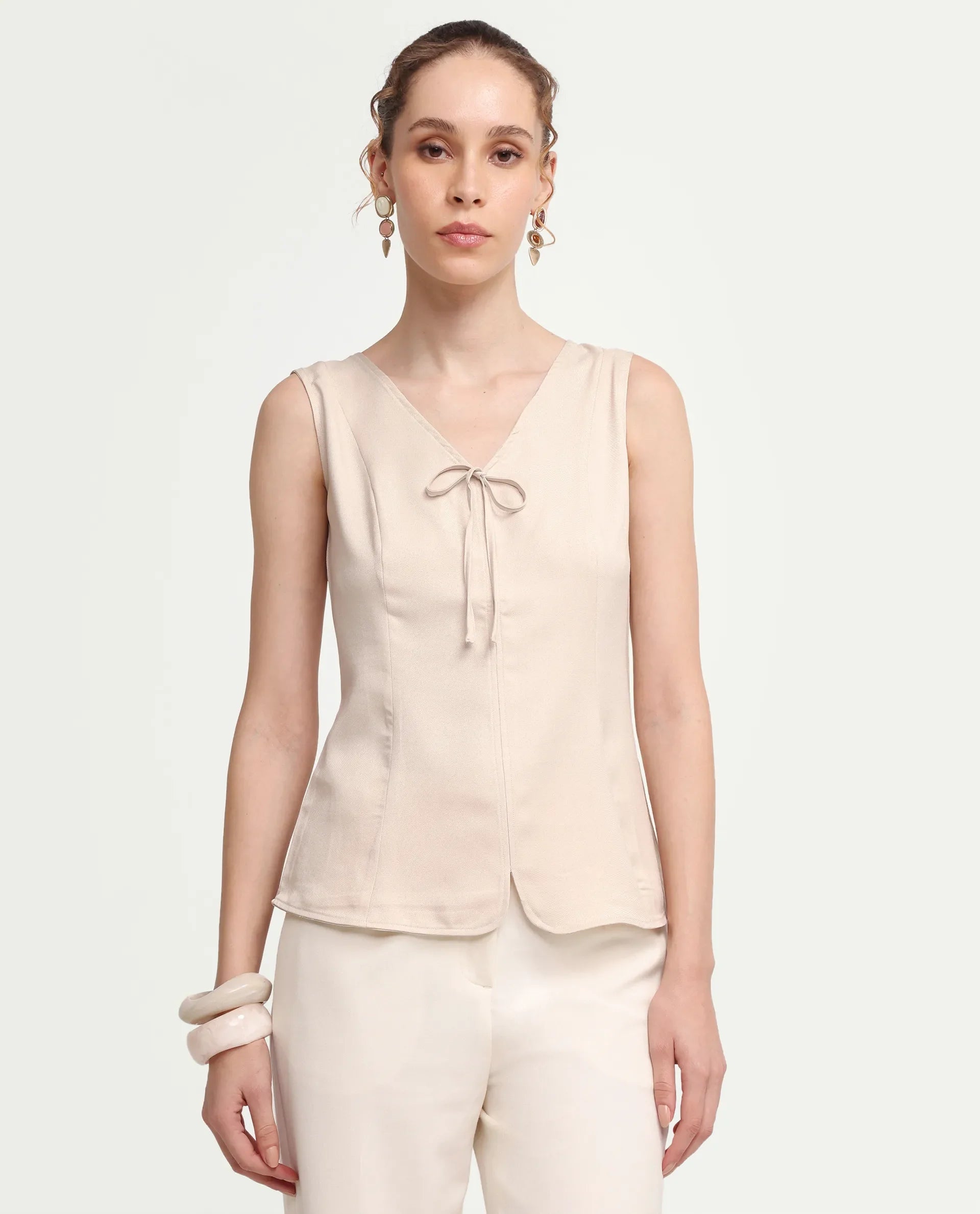 Rareism Women's Valton Primary Beige Polyester Sleeveless V-Neck Regular Fit Top