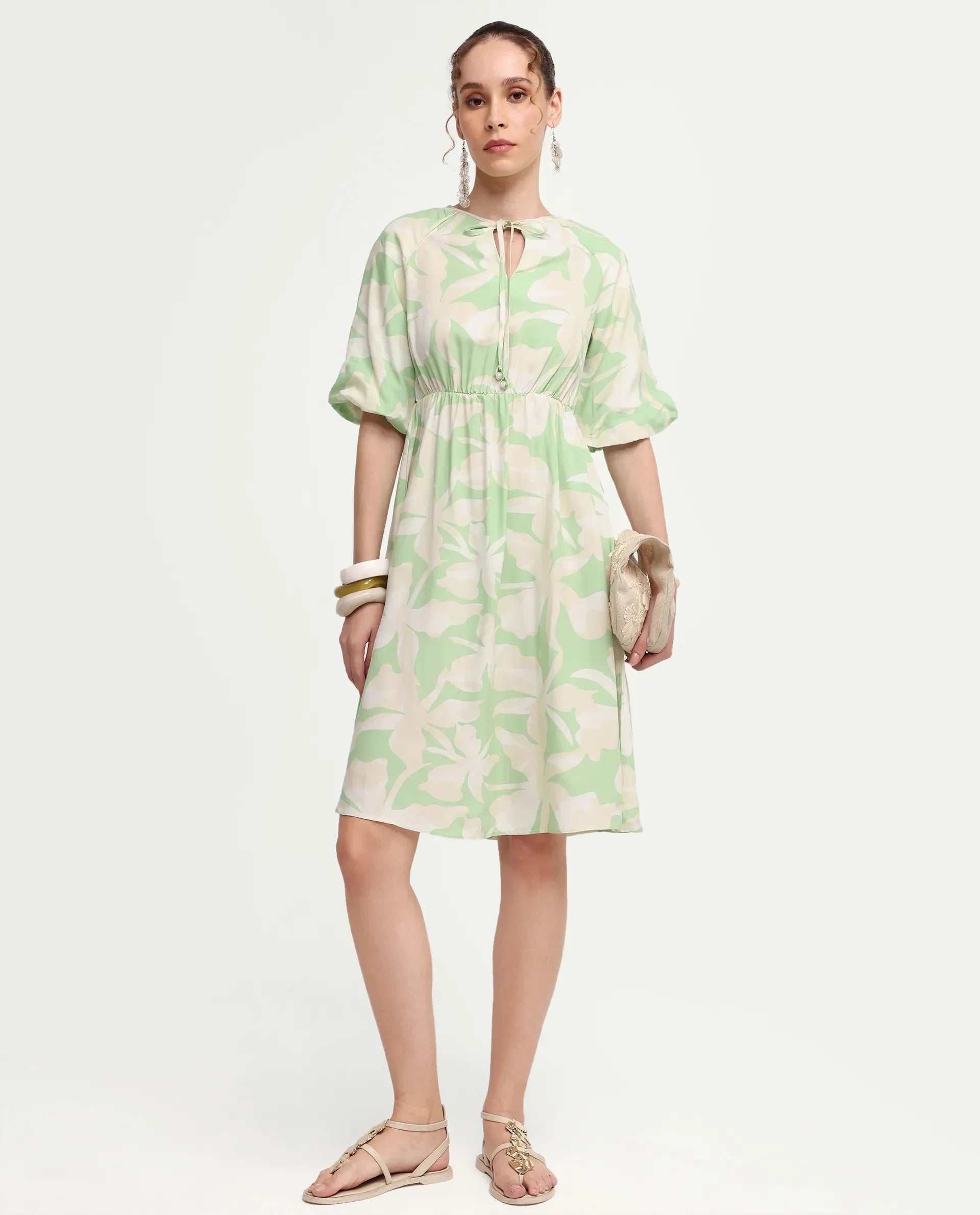 Rareism Women's Vemox Light Green Viscose Half Sleeve Tie-Up Neck Fit And Flare Abstract Print Dress