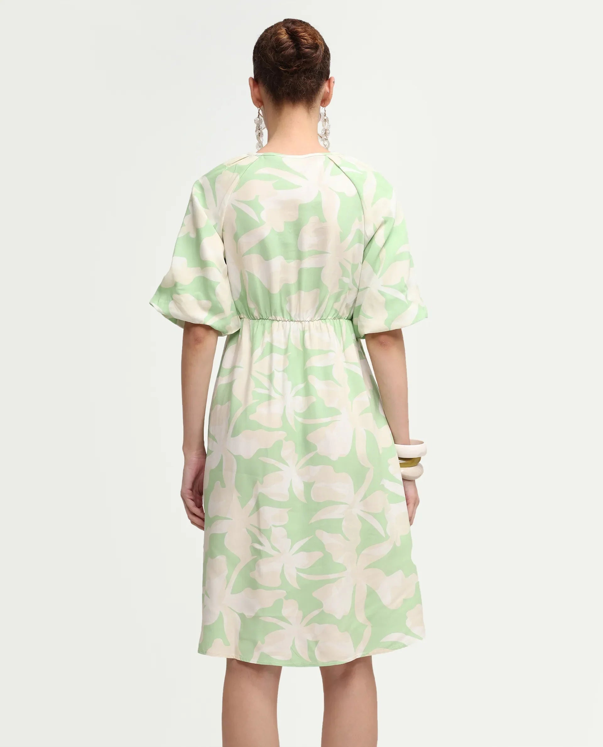Rareism Women's Vemox Light Green Viscose Half Sleeve Tie-Up Neck Fit And Flare Abstract Print Dress