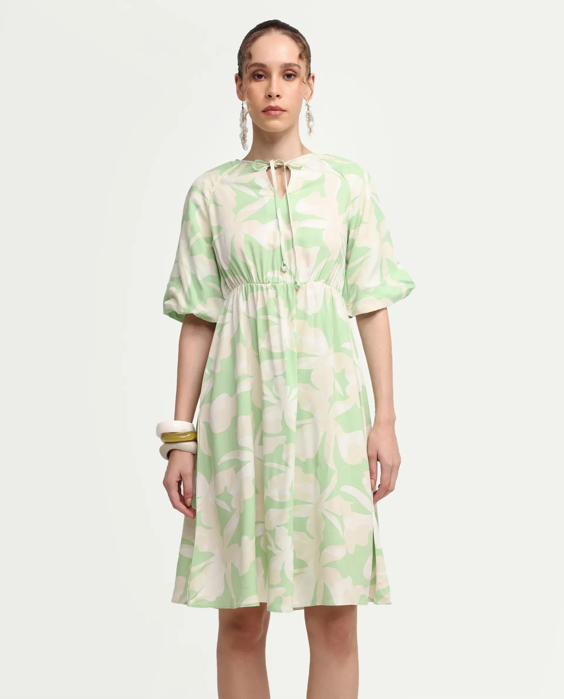 Rareism Women's Vemox Light Green Viscose Half Sleeve Tie-Up Neck Fit And Flare Abstract Print Dress