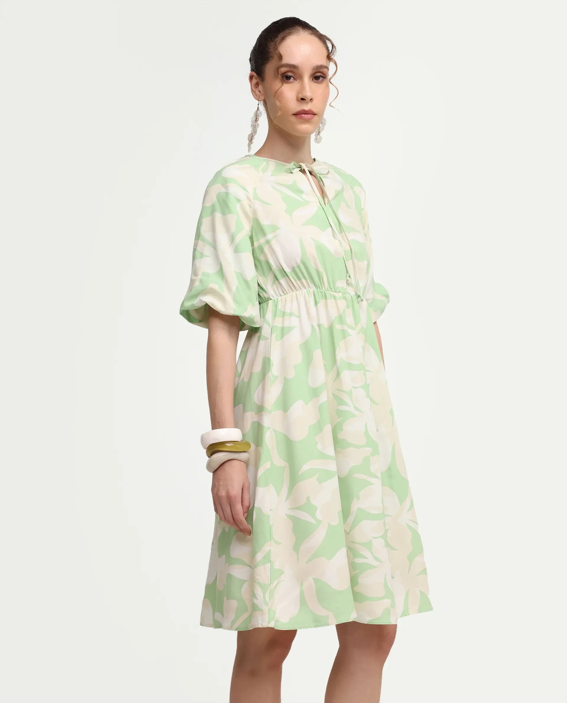 Rareism Women's Vemox Light Green Viscose Half Sleeve Tie-Up Neck Fit And Flare Abstract Print Dress