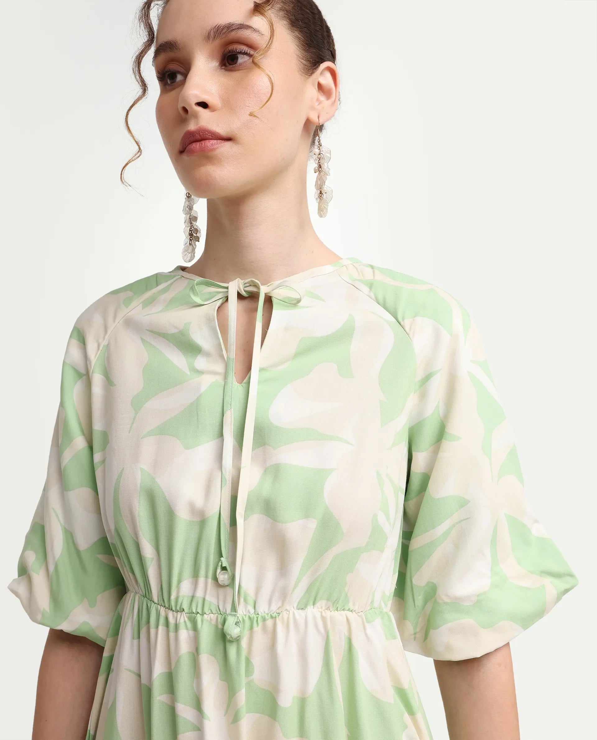 Rareism Women's Vemox Light Green Viscose Half Sleeve Tie-Up Neck Fit And Flare Abstract Print Dress