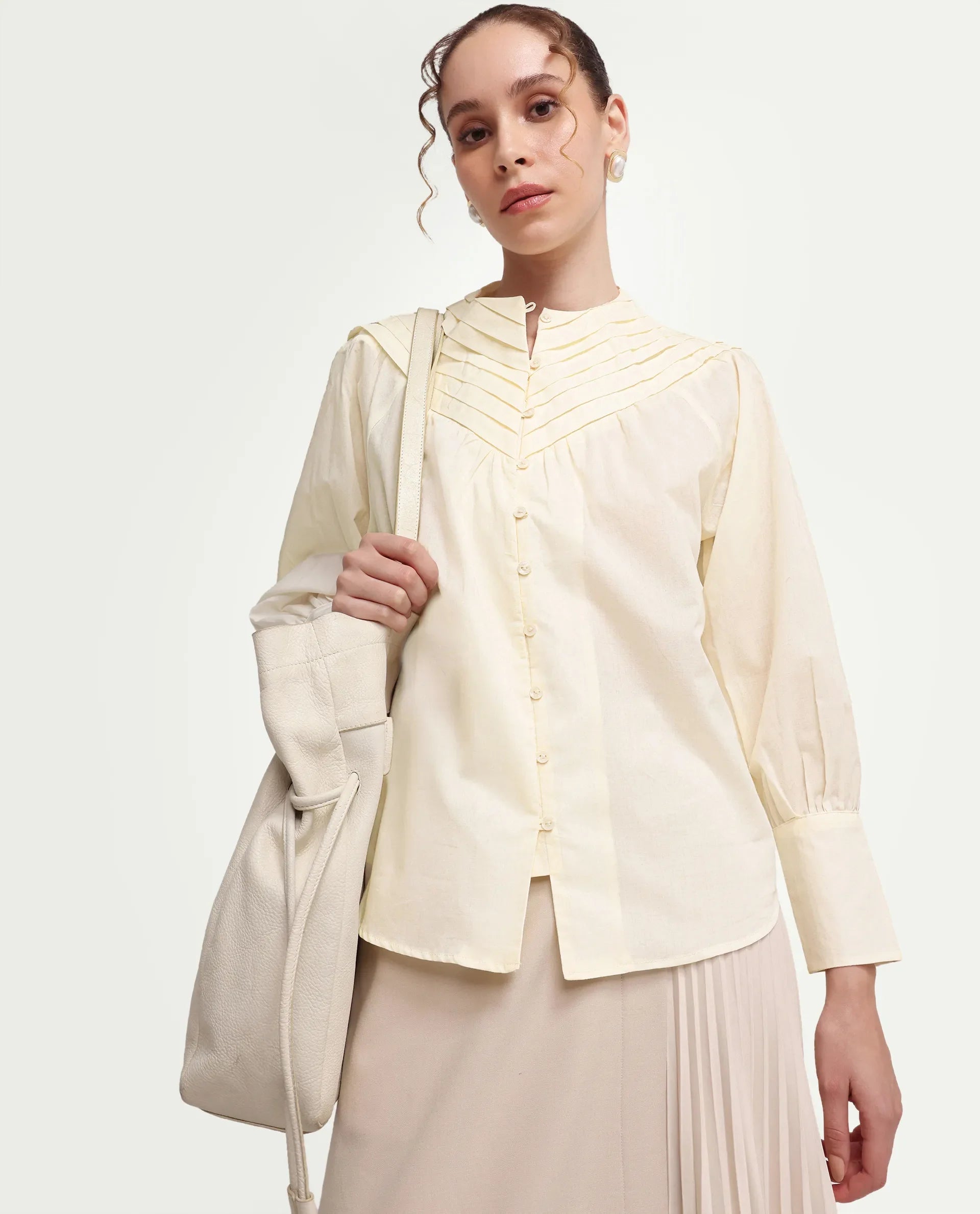 Rareism Women's Hilm Primary Beige Cotton Full Sleeve Crew Neck Regular Fit Top