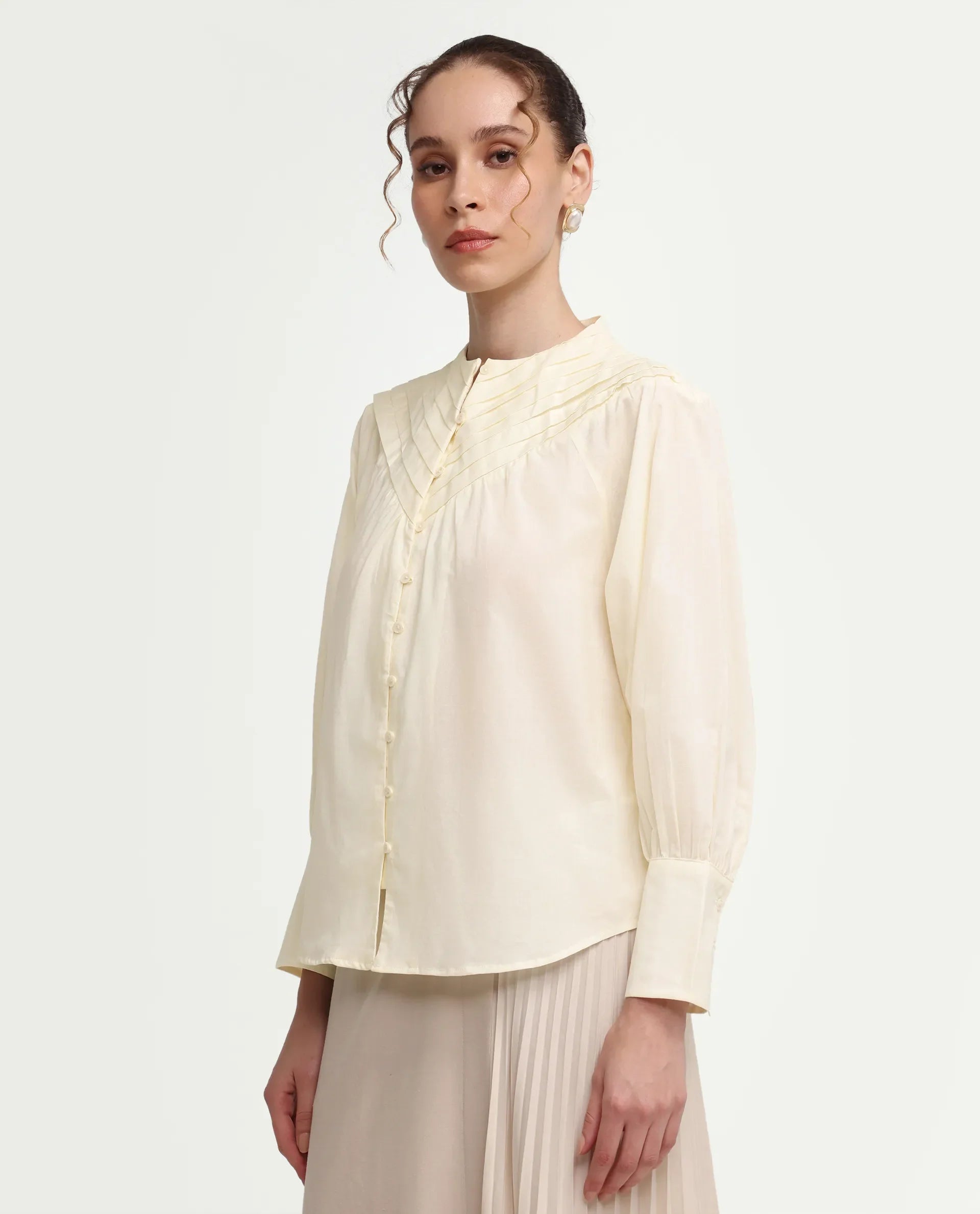 Rareism Women's Hilm Primary Beige Cotton Full Sleeve Crew Neck Regular Fit Top