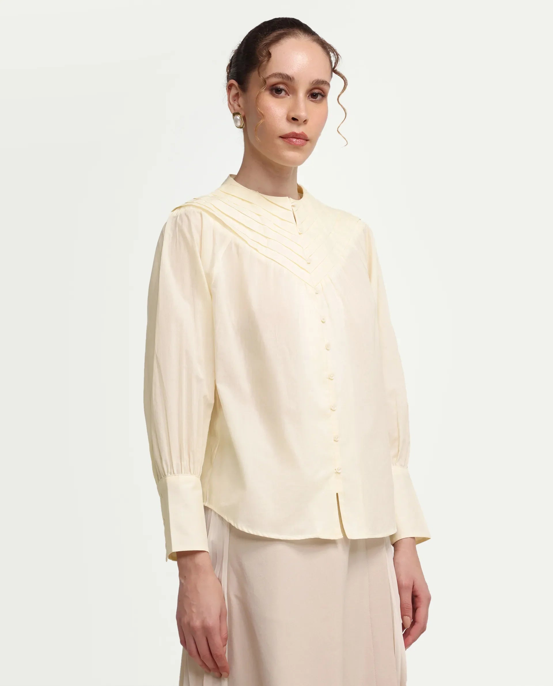 Rareism Women's Hilm Primary Beige Cotton Full Sleeve Crew Neck Regular Fit Top