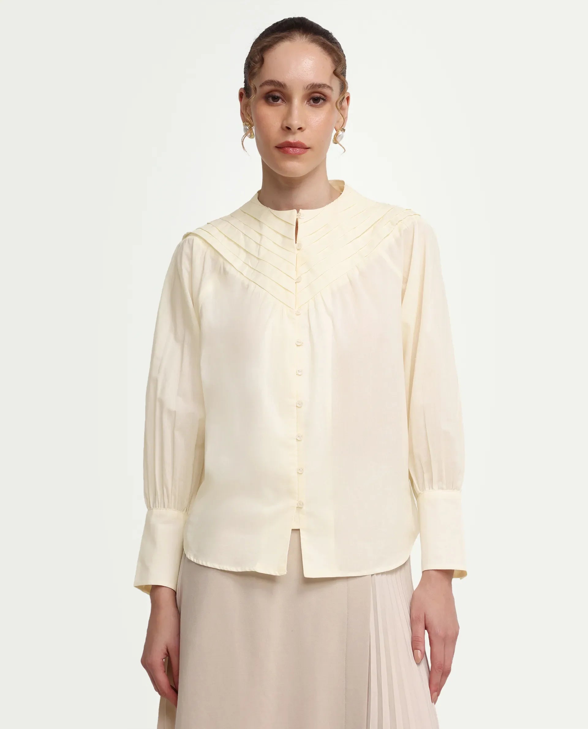 Rareism Women's Hilm Primary Beige Cotton Full Sleeve Crew Neck Regular Fit Top