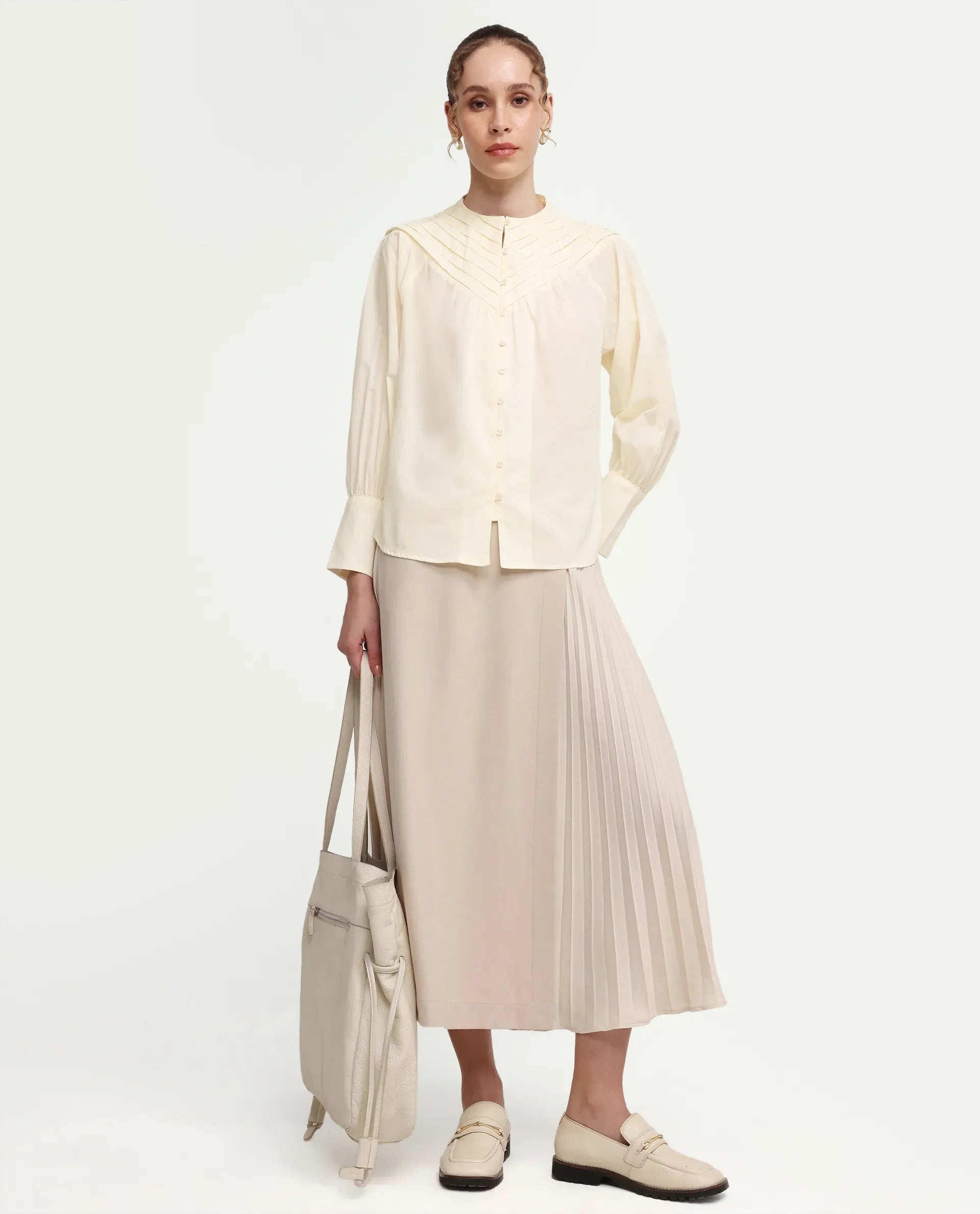 Rareism Women's Hilm Primary Beige Cotton Full Sleeve Crew Neck Regular Fit Top